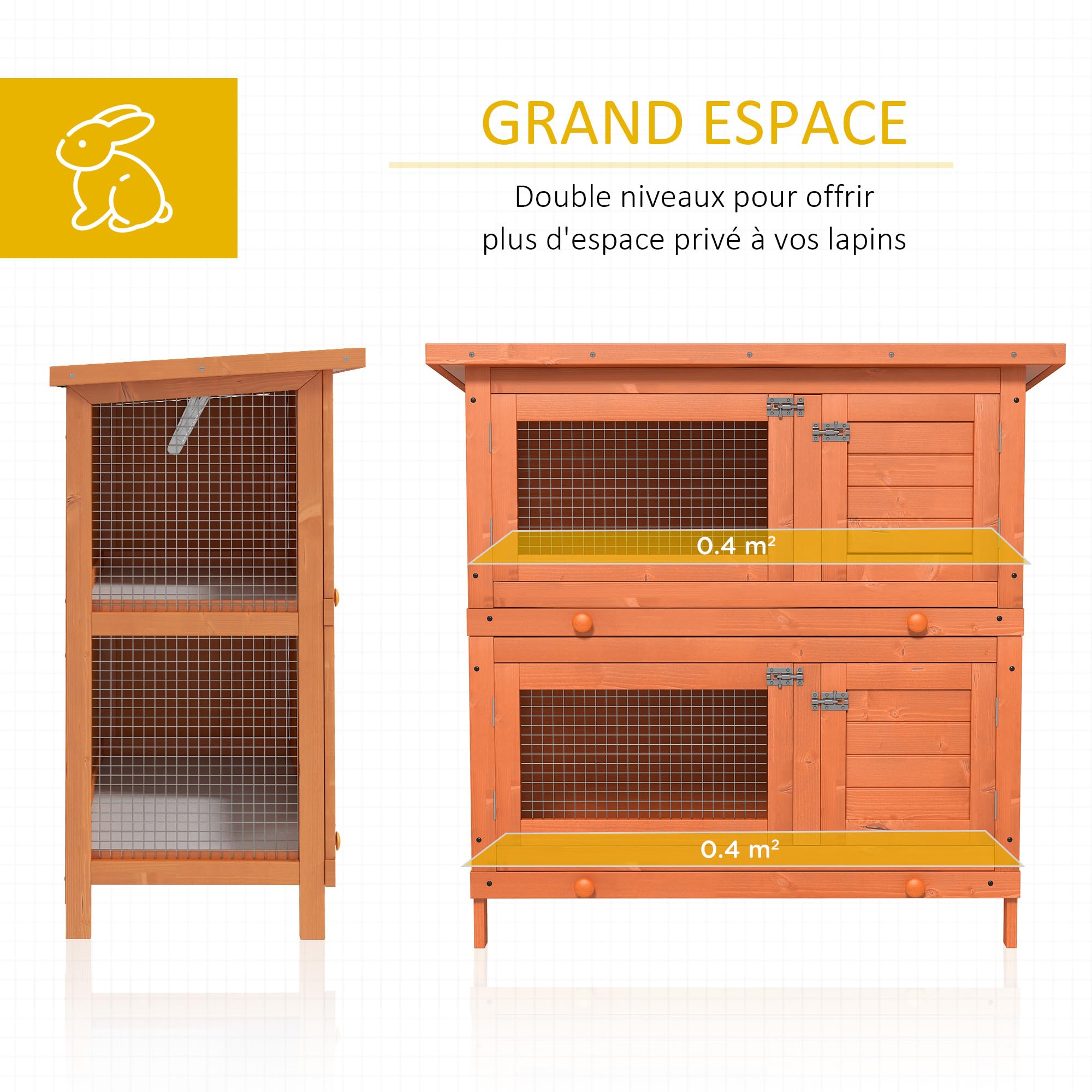 PawHut Clapier à Lapin Double Niveau Toit Ouvrant 90L x 45l x 90H cm | Cage à Lapin, Plateaux Coulissants, 4 Portes Verrouillables