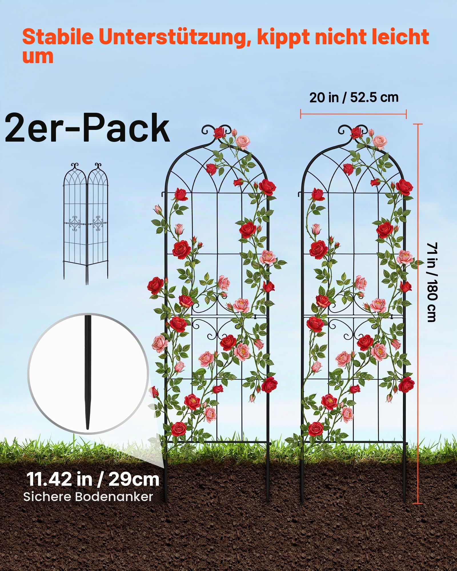 VEVOR Rankgitter, 180x52,5 cm 2er-Pack, Metall Rankhilfe mit Pulverbeschichteter Oberfläche & Verriegelungsmechanismus, Kletterhilfe, Garten Spalier, Pflanzengitter für Blumen, Gemüse & Rosen