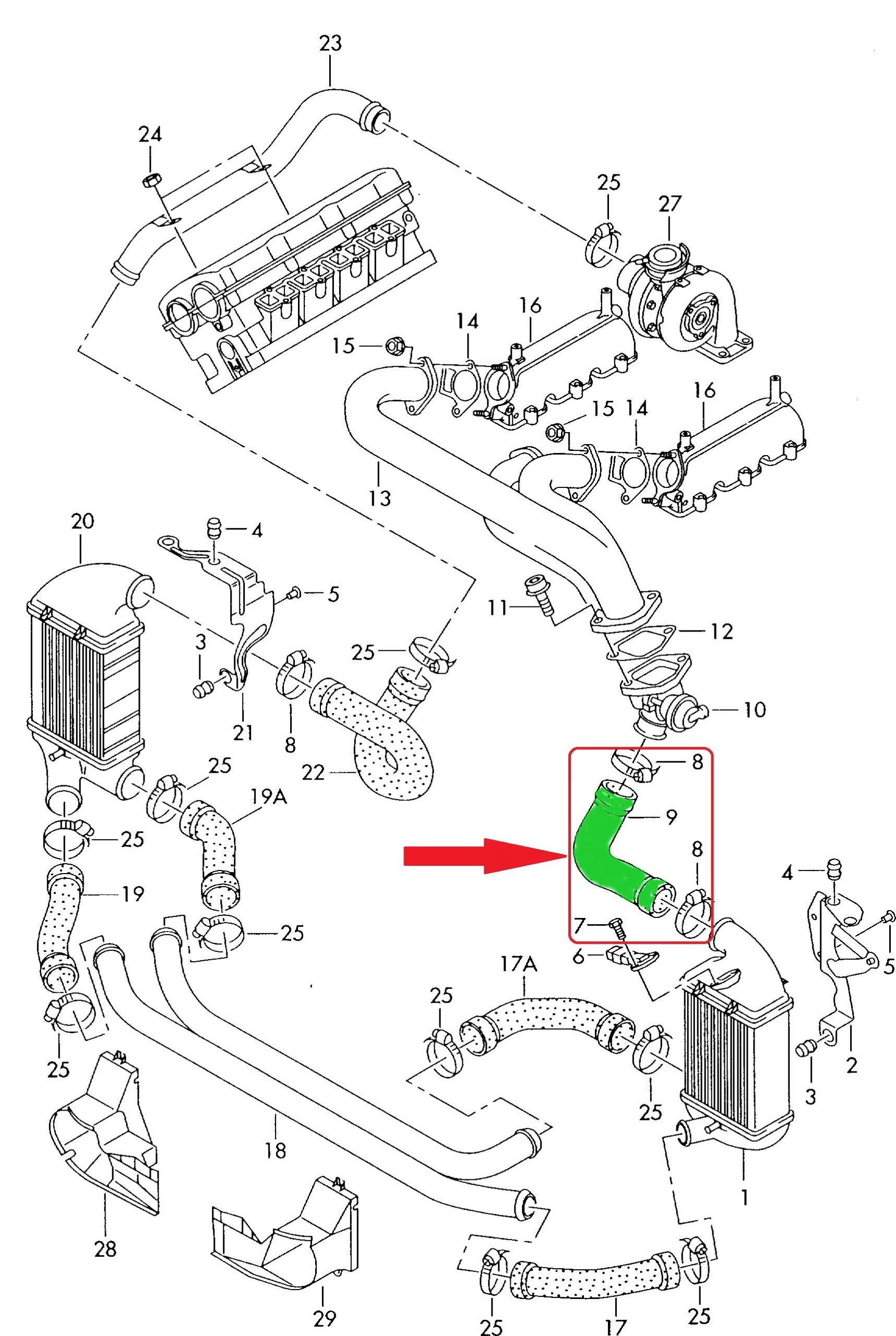 Compatible con manguera de intercooler Turbo Audi A4 2.5 TDI 2001-2005 8E0145737S