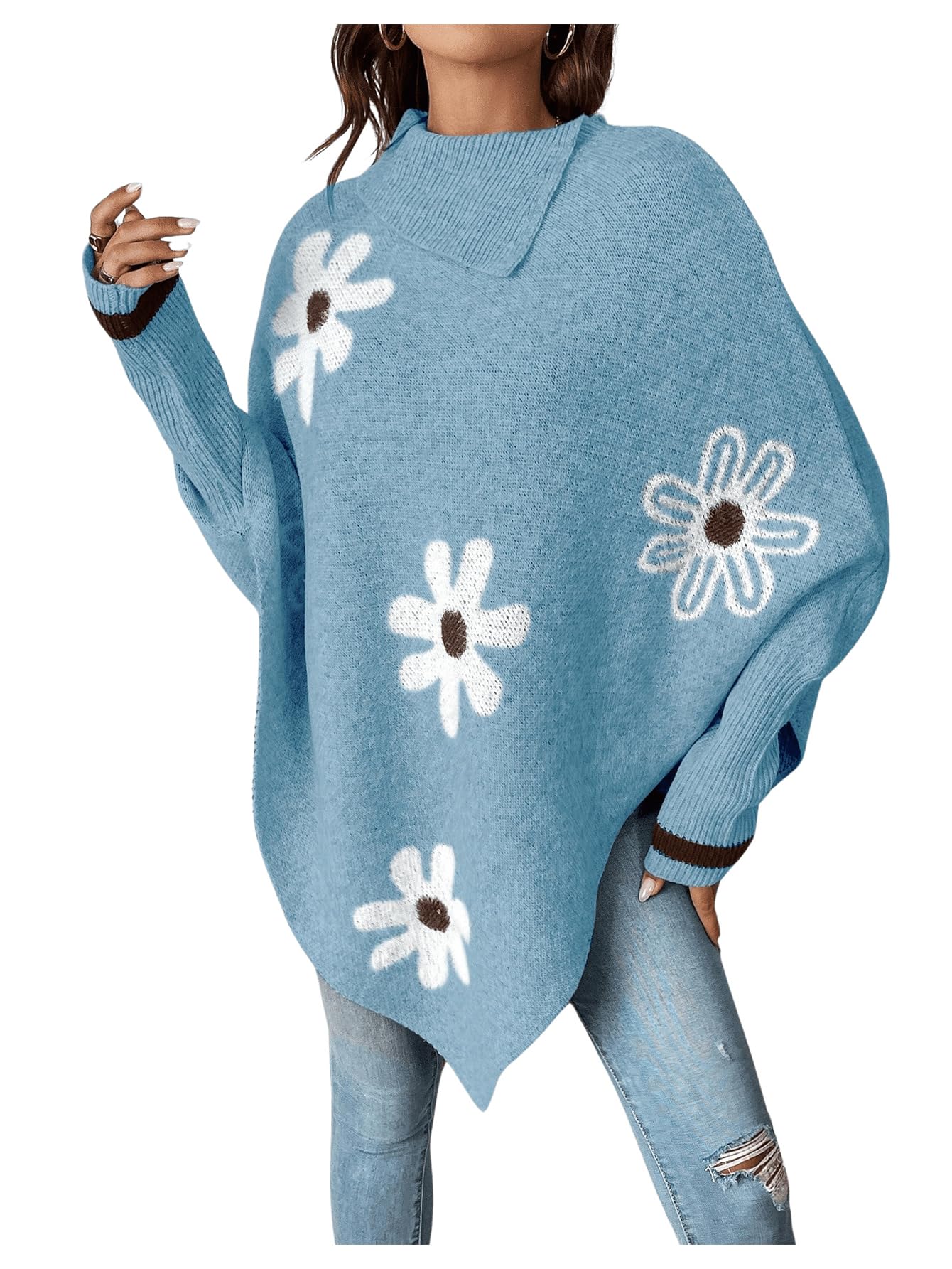 MakeMeChic Womens Poncho Sweater Turtleneck Knit Floral Asymmetrical Fall Sweaters Pullover