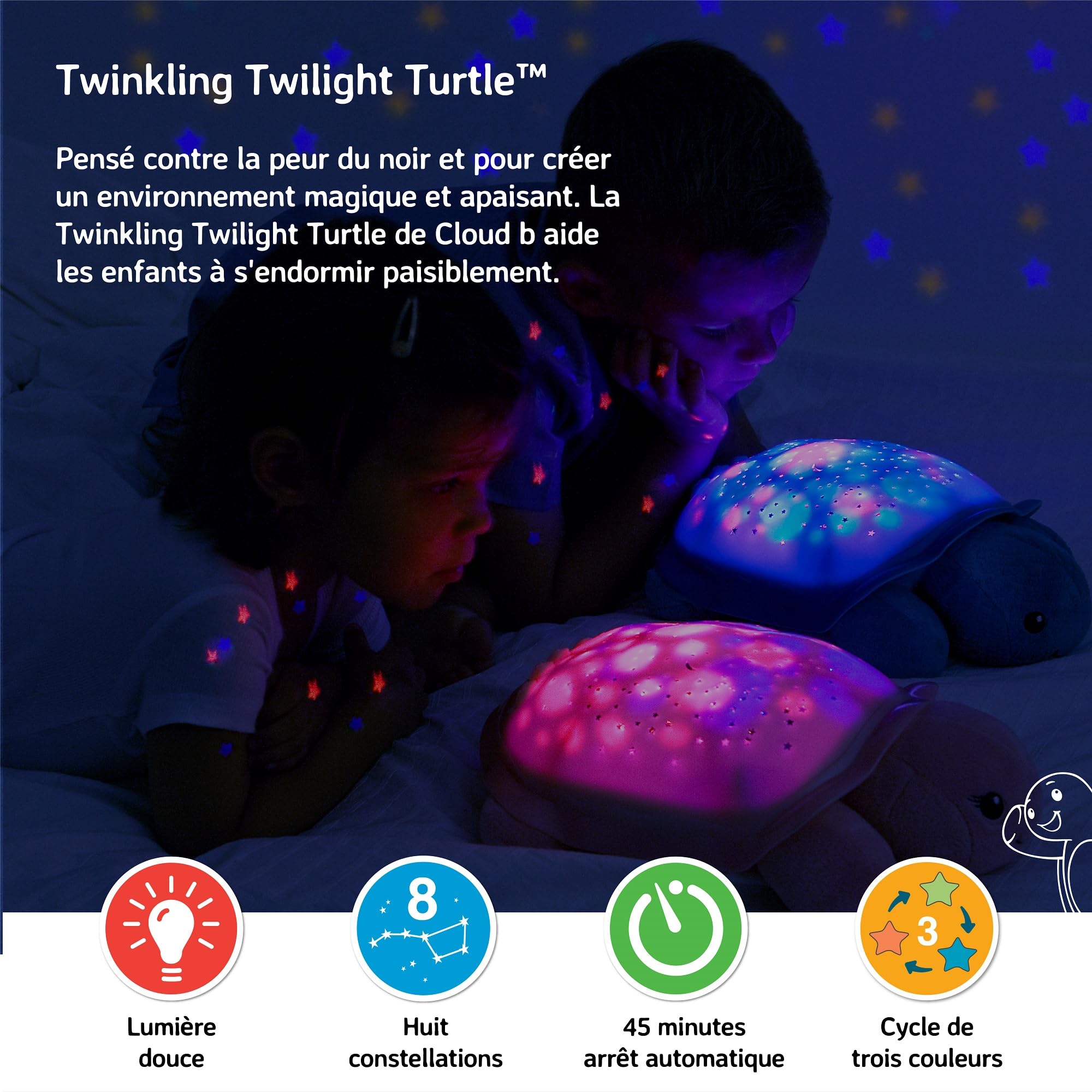 Cloud b Veilleuse Apaisante Projecteur d'étoiles avec sons apaisants | Luminosité douce | 3 couleurs | Arrêt automatique | Veilleuse musicale Tortue Twinkling Twilight Turtle Rose