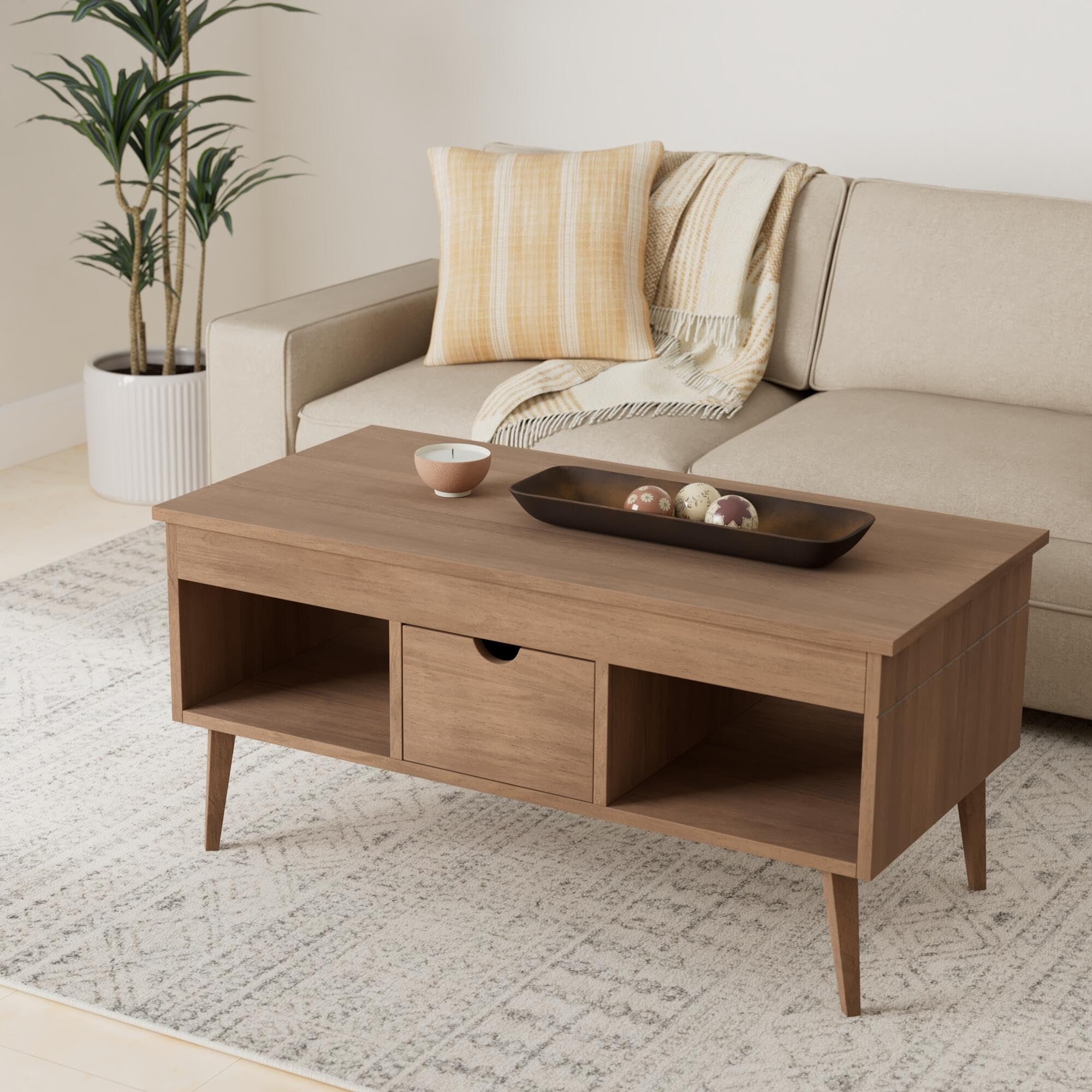LoMasCasa - Mesa de Centro Elevable Modelo Karla con Cajón Deslizante Central, Madera Maciza de Pino Natural en Color Madera Encerada. Patas Cónicas. Medidas 100 x 50 x 47 cm