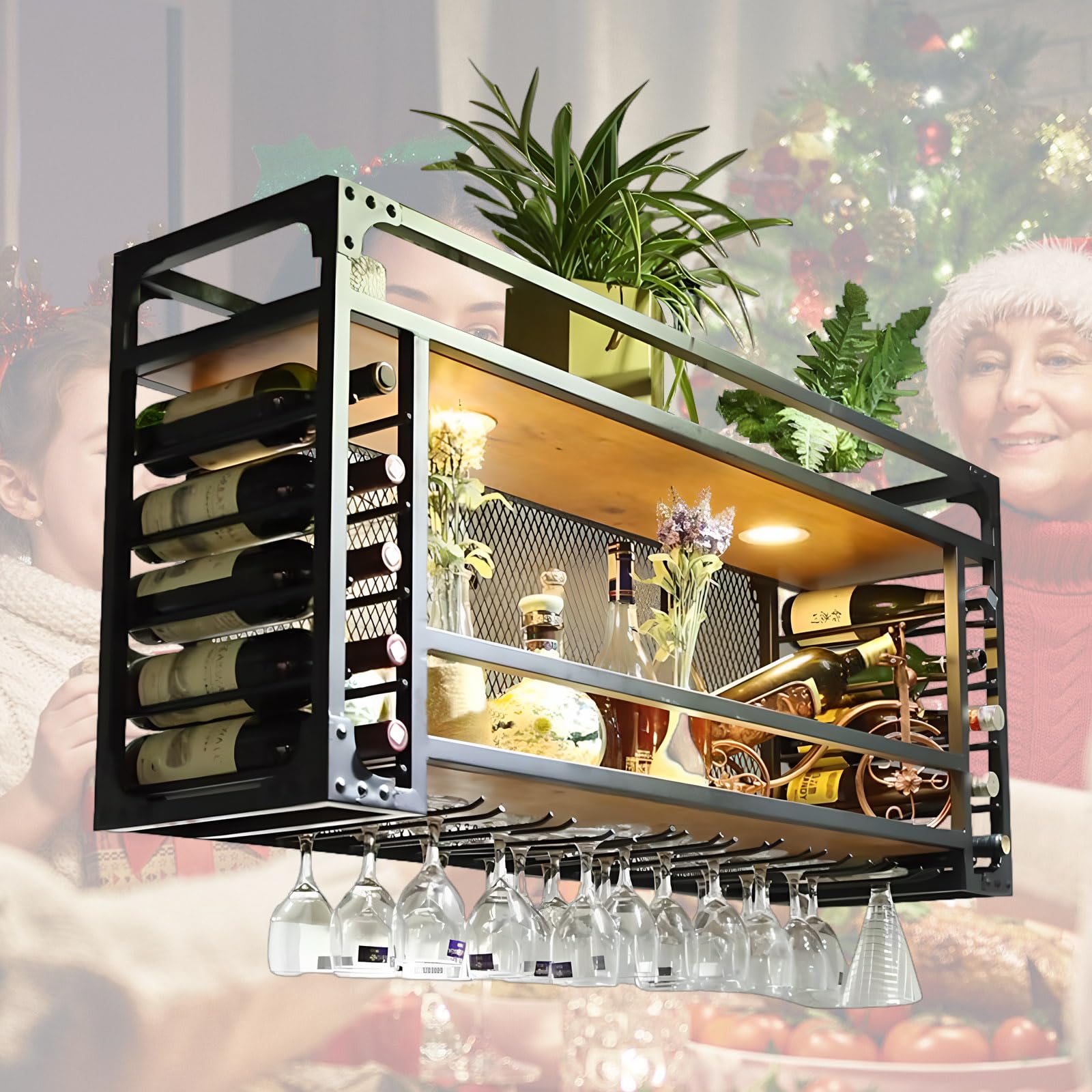 SPTZQURY Wine Rack Wall Mounted with Glass Holder, Ceiling Wine Glass Rack, 2 layer Black Industrial Metal Hanging Ceiling Shelf with Guardrails, for Bar, Kitchen, Cafe, Restaurant (black, 120cm)