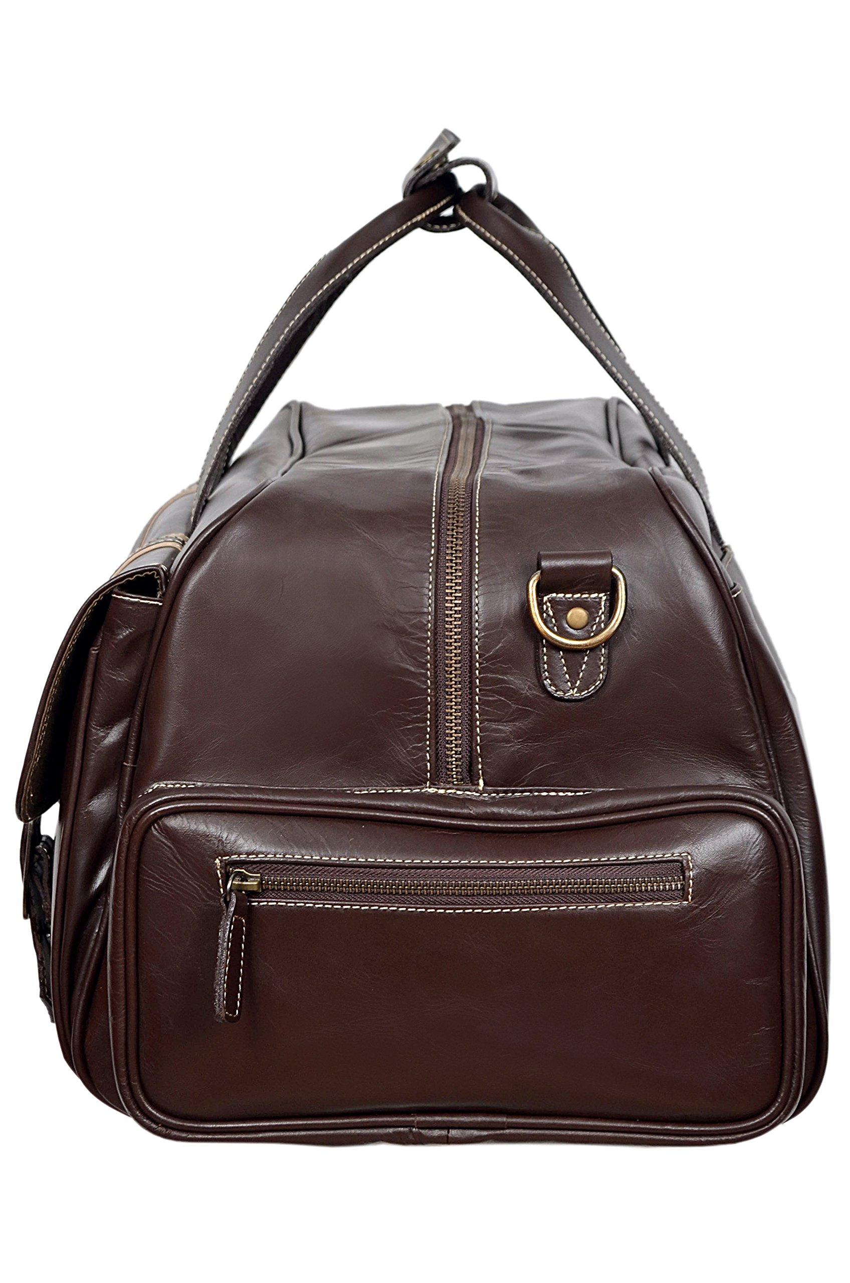 Holdall Weekend 9225 - Bolsa de viaje de piel auténtica, diseño de rayas, color marrón y beige, Brown, 23 x 11 x 12 inches