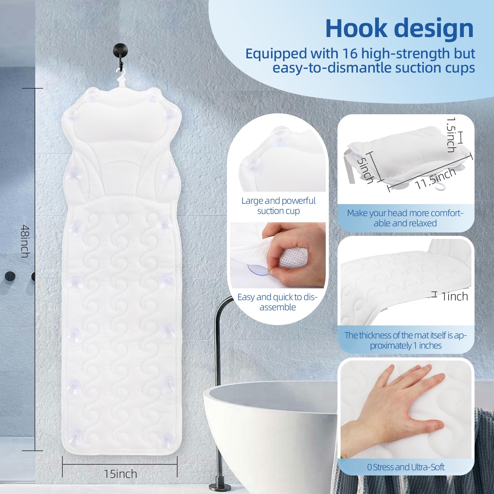Coussin de Bain pour Tout Le Corps,Tapis de Baignoire épais avec Coussin pour Femmes,Tapis de Baignoire épais avec 16 Ventouses Coussin de Baignoire pour la Tête,la Nuque,Les épaules