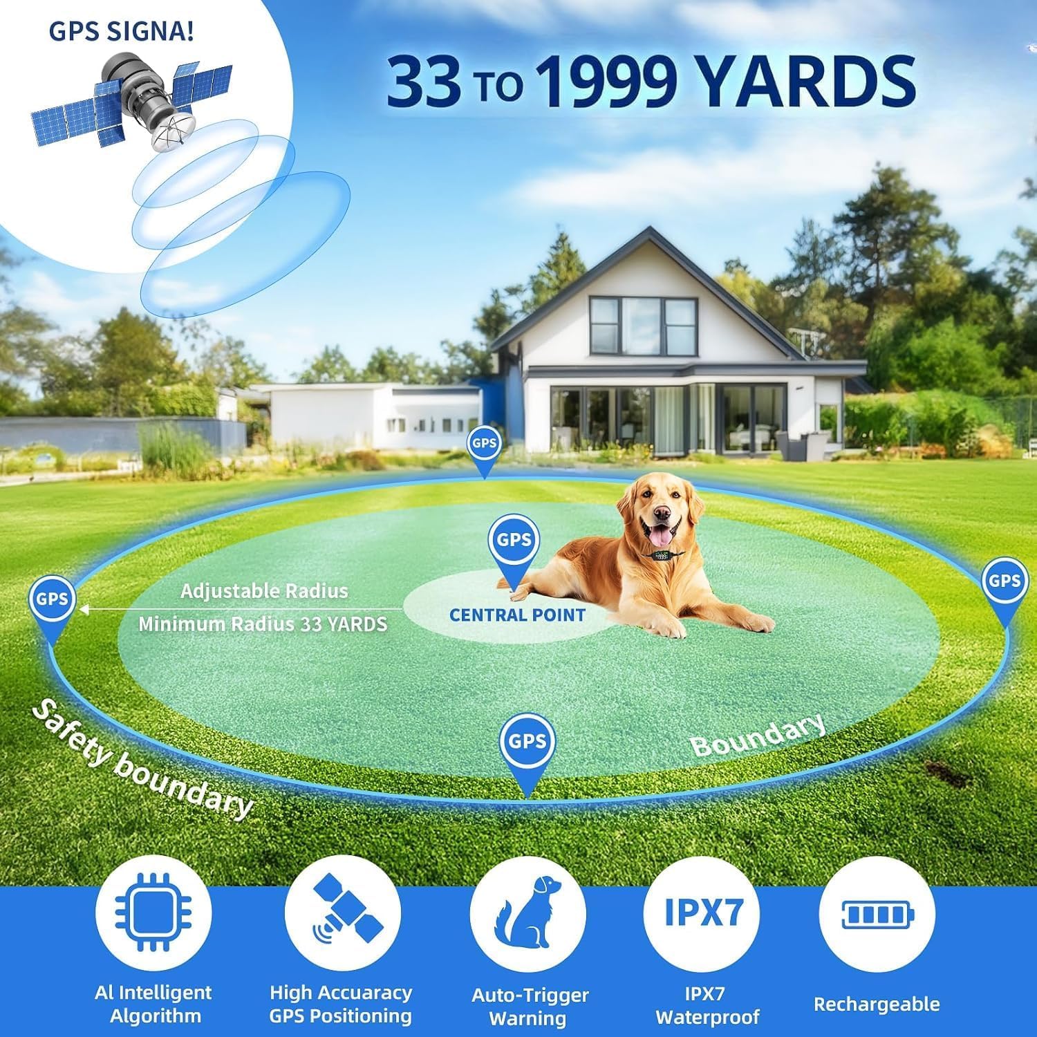 Prestige Paws GPS Wireless Dog Fence - No Monthly Fee, Waterproof Pet Containment System with Smart Shock Collar - Safe GPS Tracker for Dogs - Adjustable, Rechargeable, Easy Setup