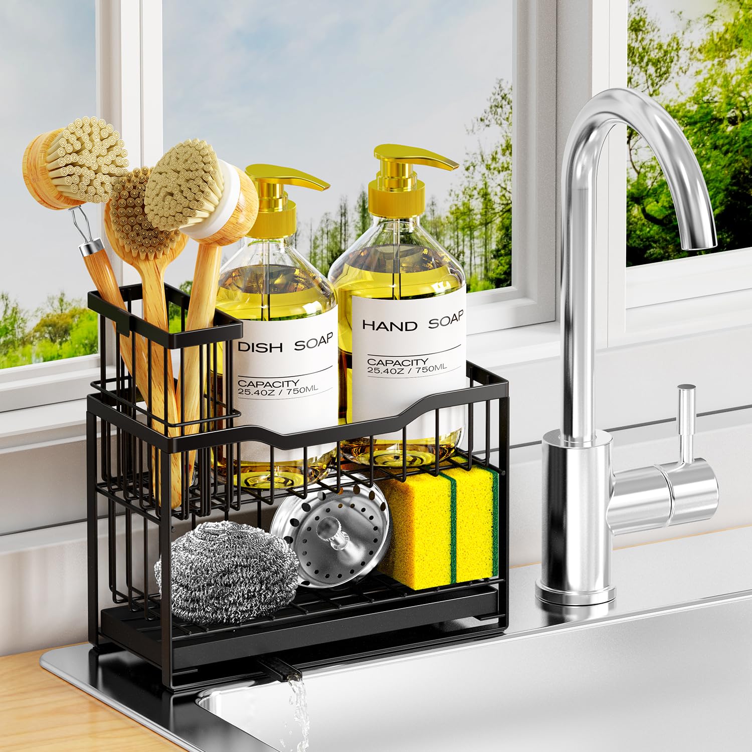 2-Tier Rustproof Kitchen Sink Caddy with Self-Draining Tray Dish Brush Sponge Holder Non-Slip Base - Black