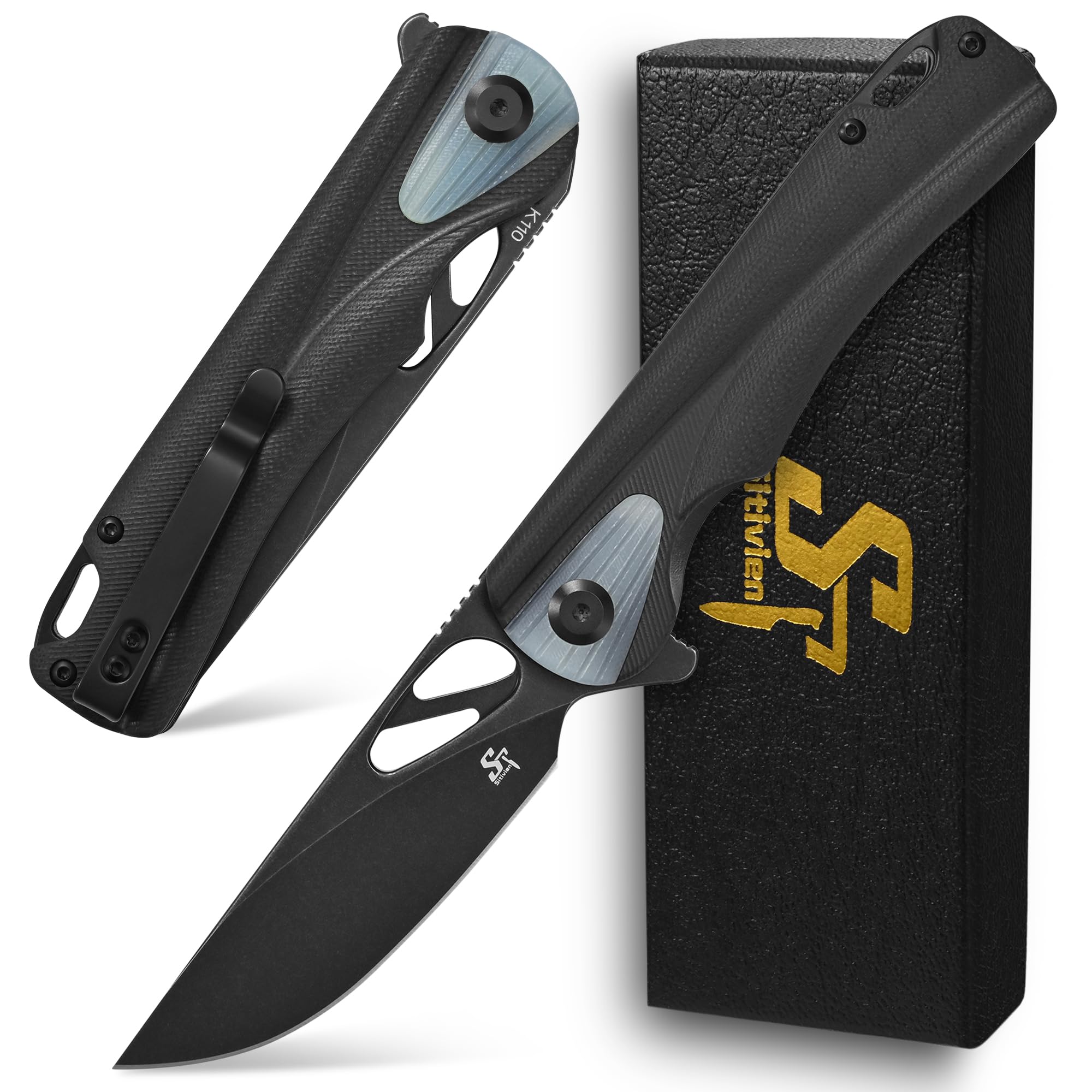 Sitivien ST165 Folding Knife,K110 Steel Blade with G10 Handle EDC Tool Knife Pocket Knife for Outdoor Camping,Hiking,Fishing(Black)