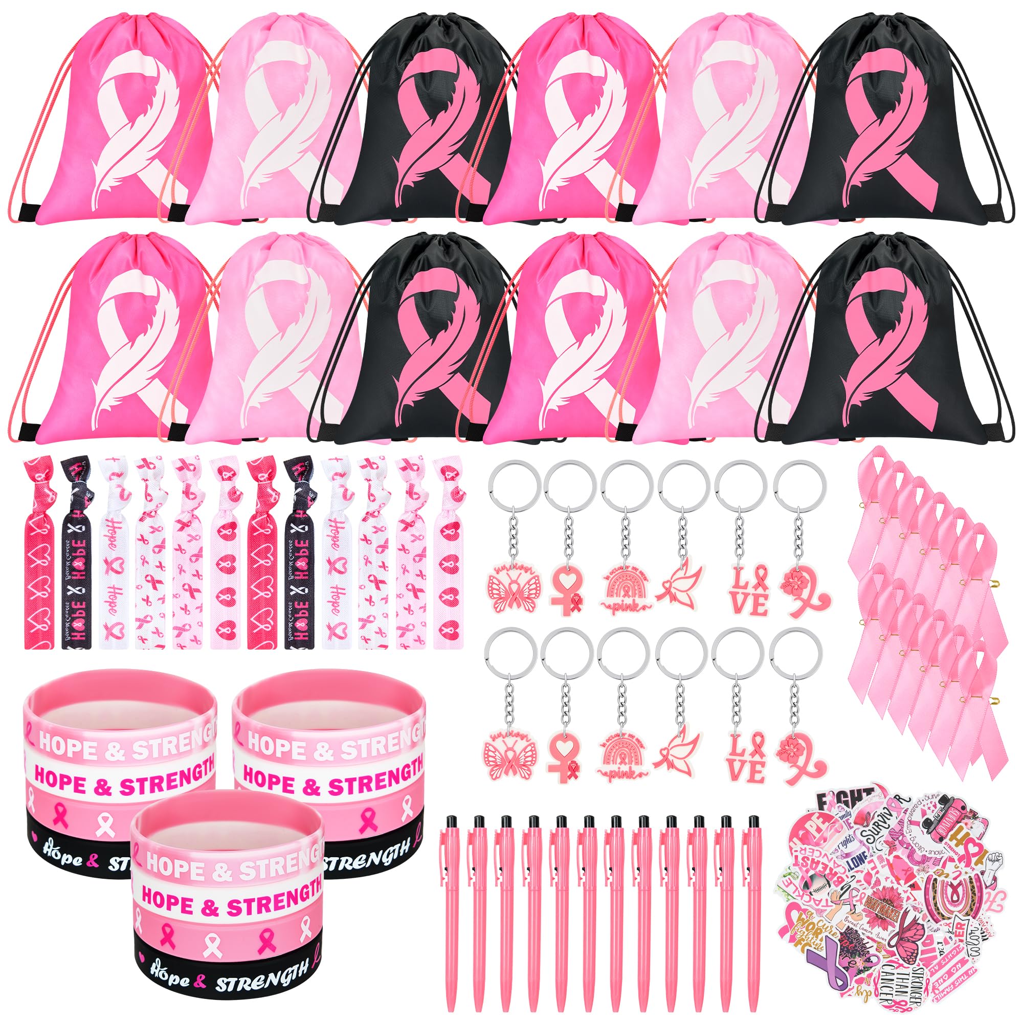 122 Pcs Breast Cancer Awareness Gifts Set Include Drawstring Bags Silicone Bracelets Hair Ties Keychains Pink Ribbon Pins Pens Stickers for Women Charity Events Survivor Party Favors Supplies