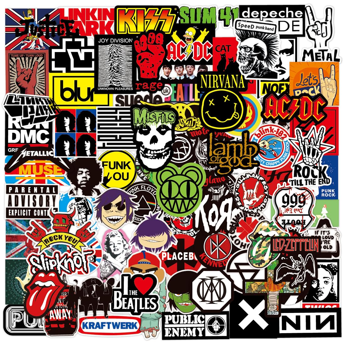 Adesivi Musica Rock and Roll,Sticker Punk Classico,Confezione da 100 Adesivi Vinile Impermeabile per Computer Portatile, Auto, Chitarra, Paraurti, Bottiglia
