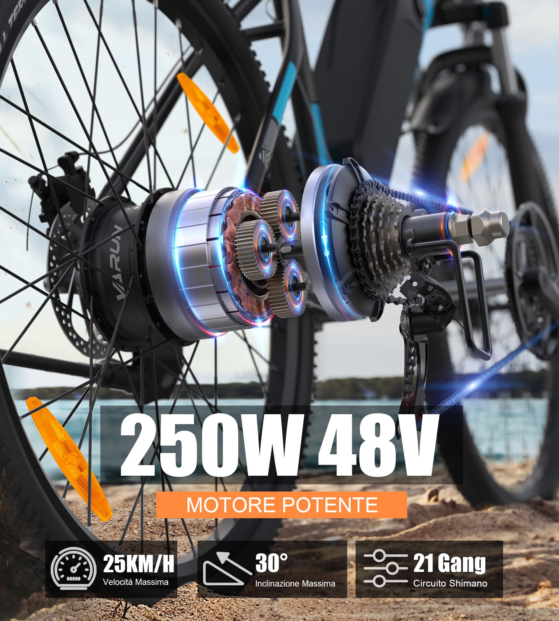 VARUN Bici Elettrica, 24‘’/26‘’/27.5‘’Mountain Bike Elettrica con Motore da 250W Batteria Staccabile da 48V 13Ah (624Wh) Autonomia Massima 100km Cambio a 21 Velocità
