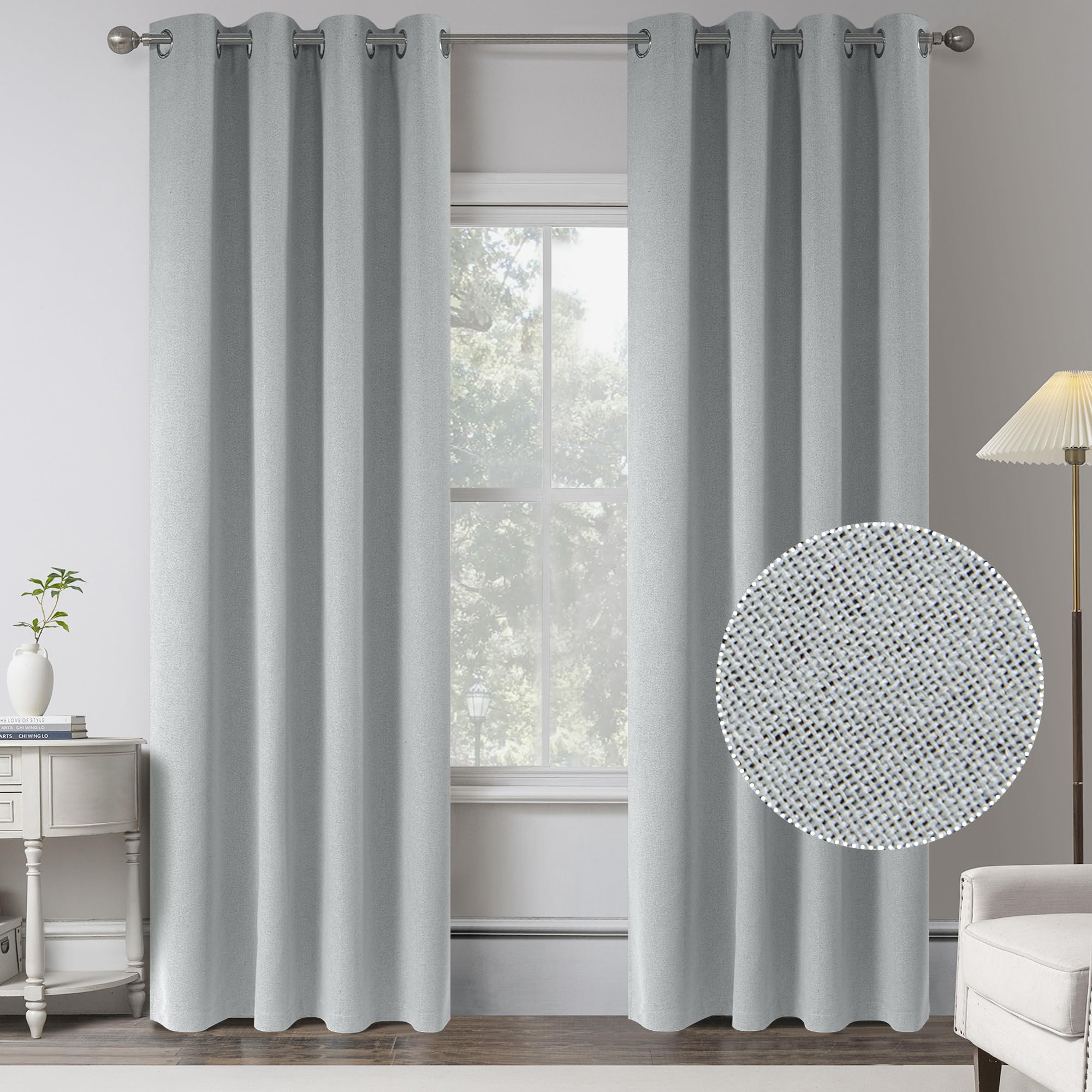 Light Grey 100% Blackout Linen Curtains 120 Inch Extra Length 2 Panels for Large Windows,Touching Living Room Window Treatments Sweep to Floor Black
