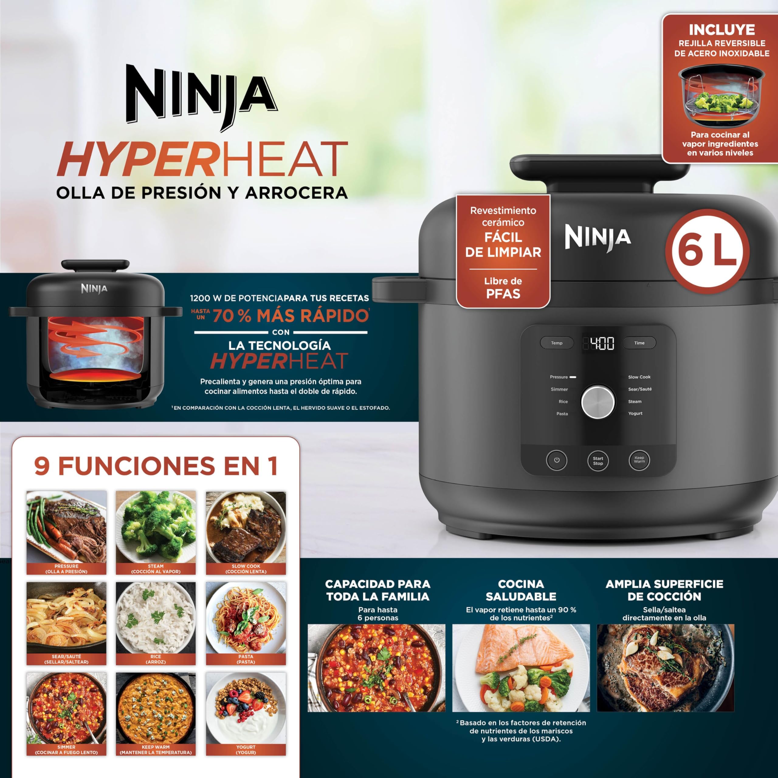 Ninja HyperHeat, Olla a Presión 9 en 1, 6L, Negro, PC201EU | Olla de Cocción Lenta y Arrocera, Incluye Rejilla para Vapor y Recipiente de Cocción Extraíble Apto para Lavavajillas
