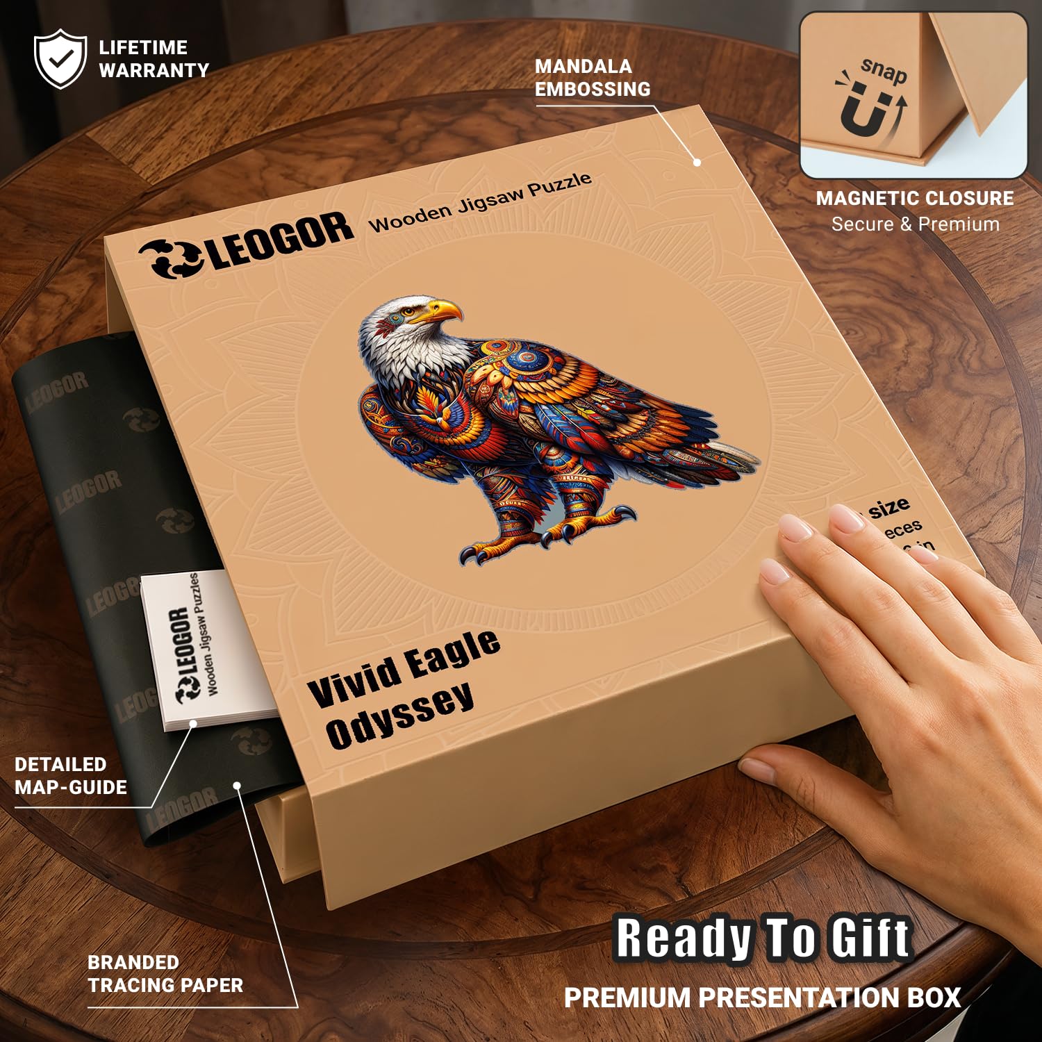 LEOGOR Puzzles en bois pour adultes – Vivid Eagle Odyssey – 350 pièces uniques en forme d'animaux – Décoration murale en bois naturel de qualité supérieure de 5 mm d'épaisseur – Jeu de société