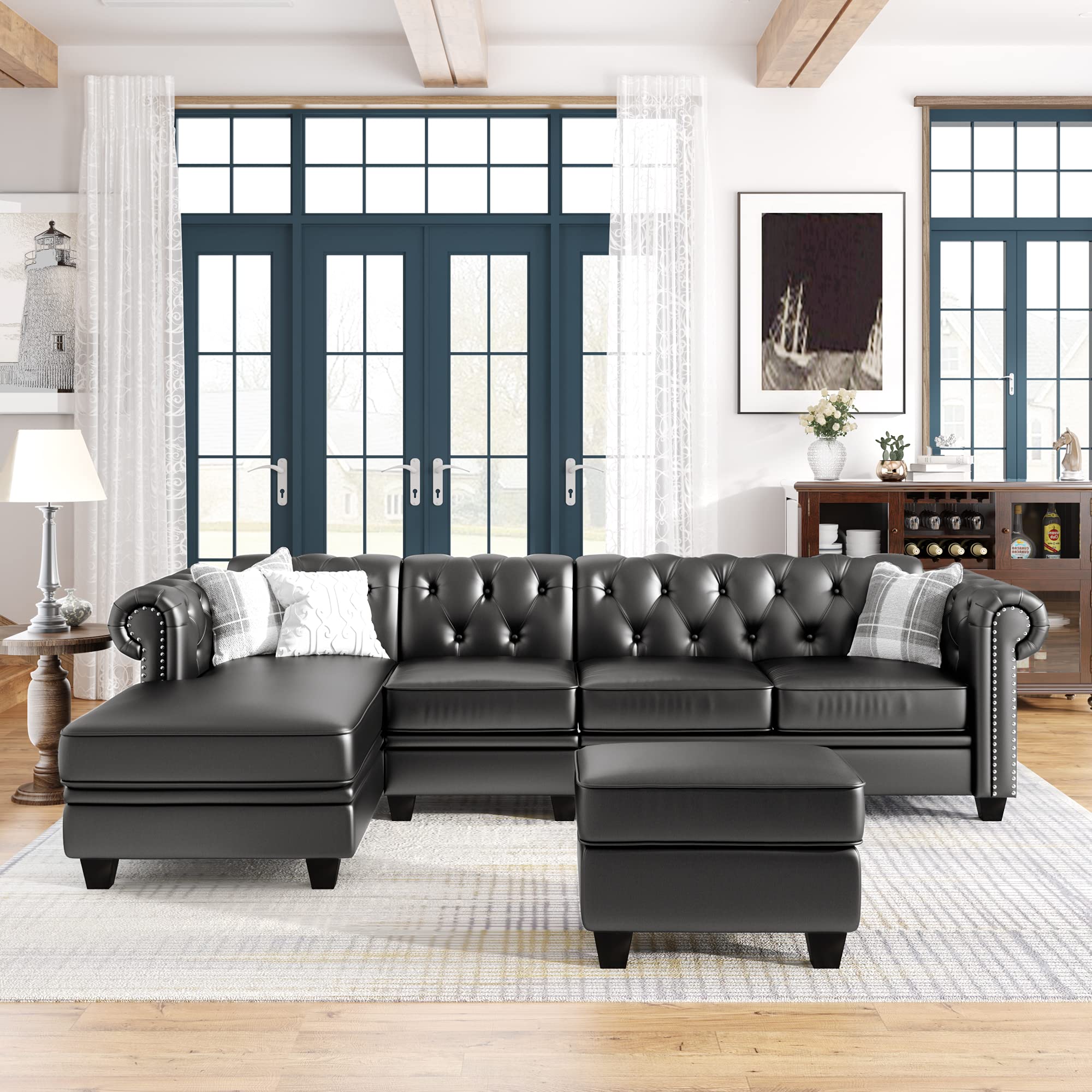Buy Sectional Sofa Set, Leather 4-Seat Living Room Set, L-Shape Couch ...