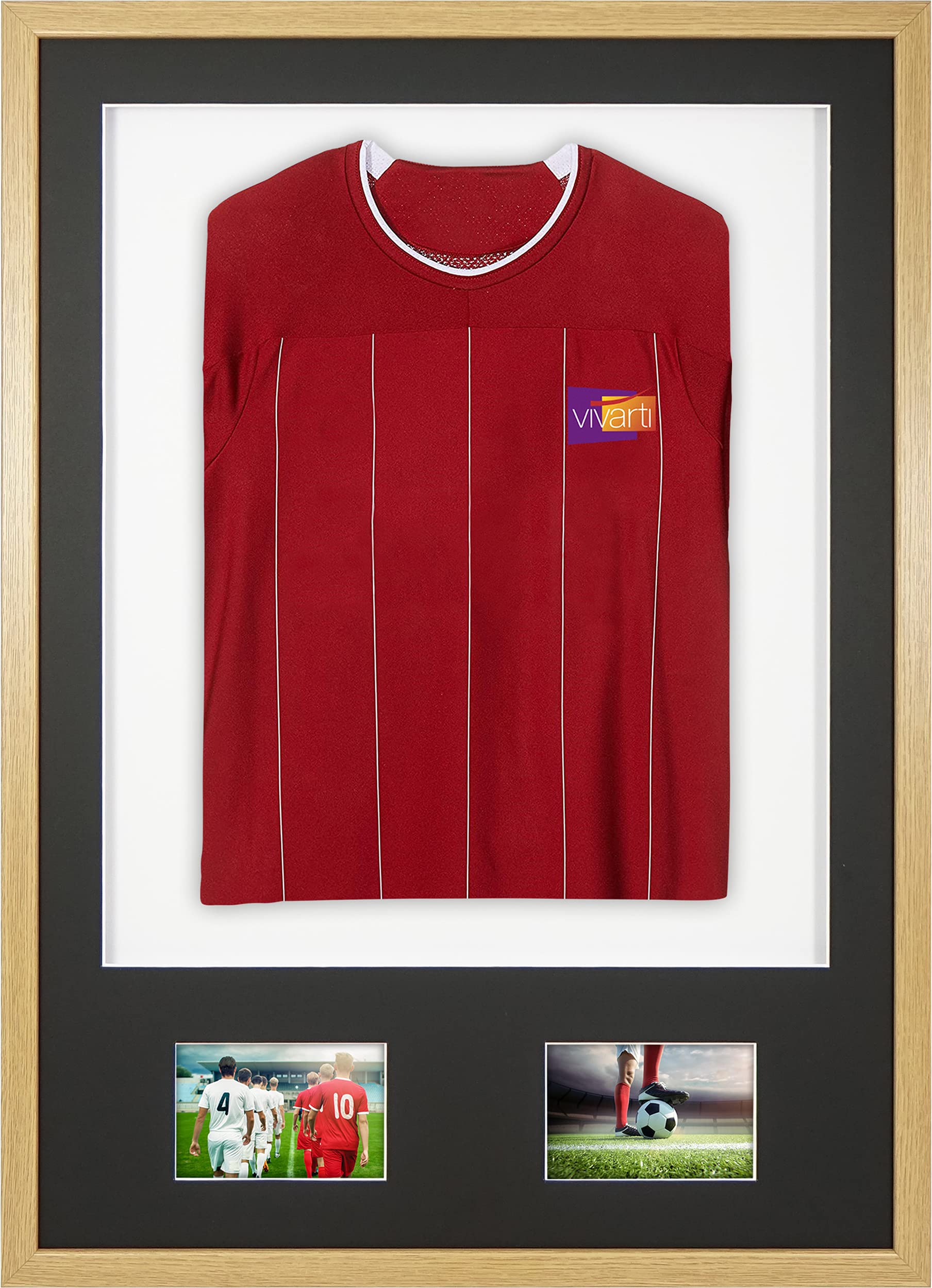 Vivarti DIY Junior 3D montado + marco de visualización de camisa deportiva de doble apertura A1 59,4 x 84 cm - Marco de roble, soporte negro, tarjeta de respaldo blanca