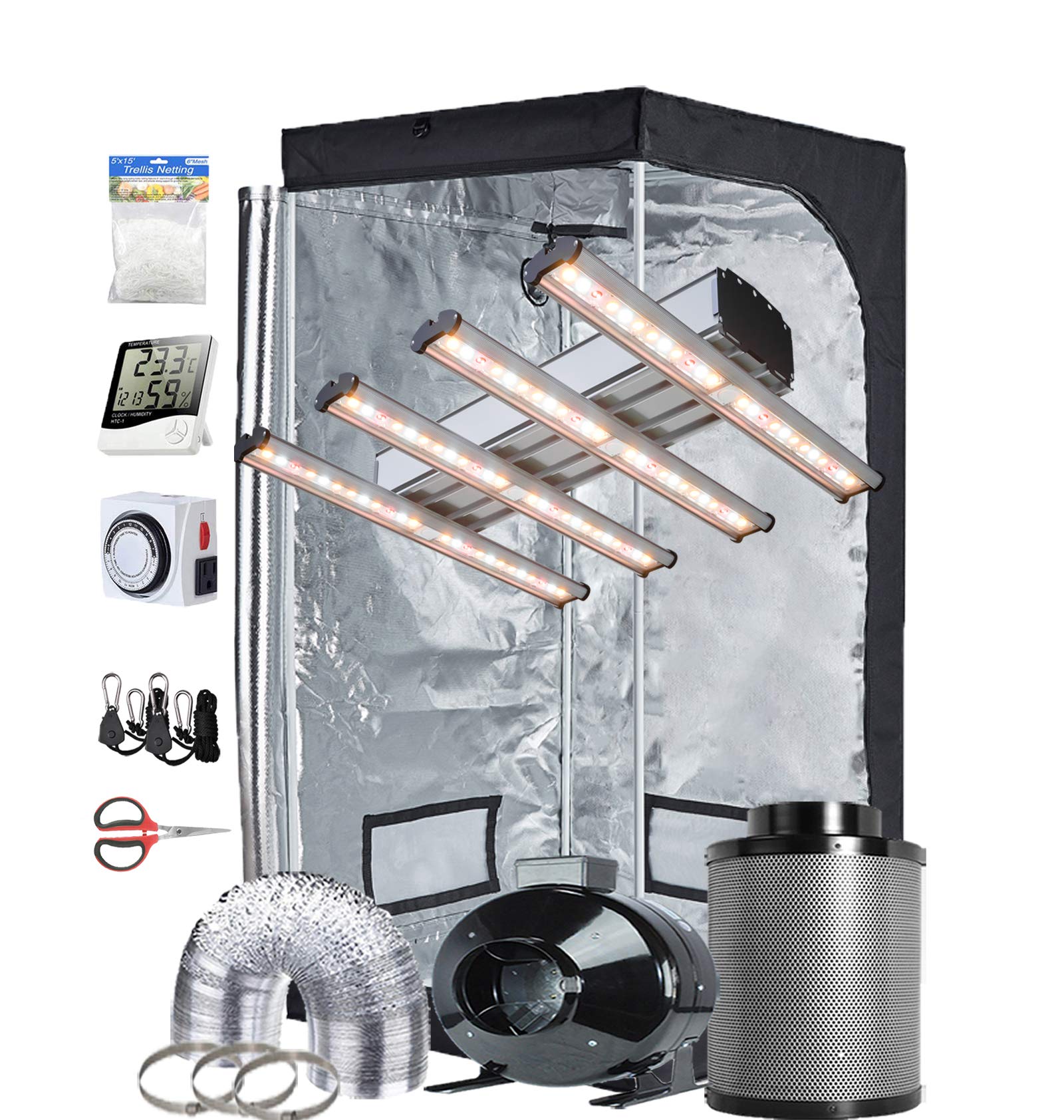 Complete Grow Tent Kit 1200W LED Bar Grow Light 4 Strips Full Spectrum Lights Indoor 32"X32"X63" Mylar Growing Tents with 4''Ventilation Kit with Hydroponic Accessories Plant Veg& Bloom Kit