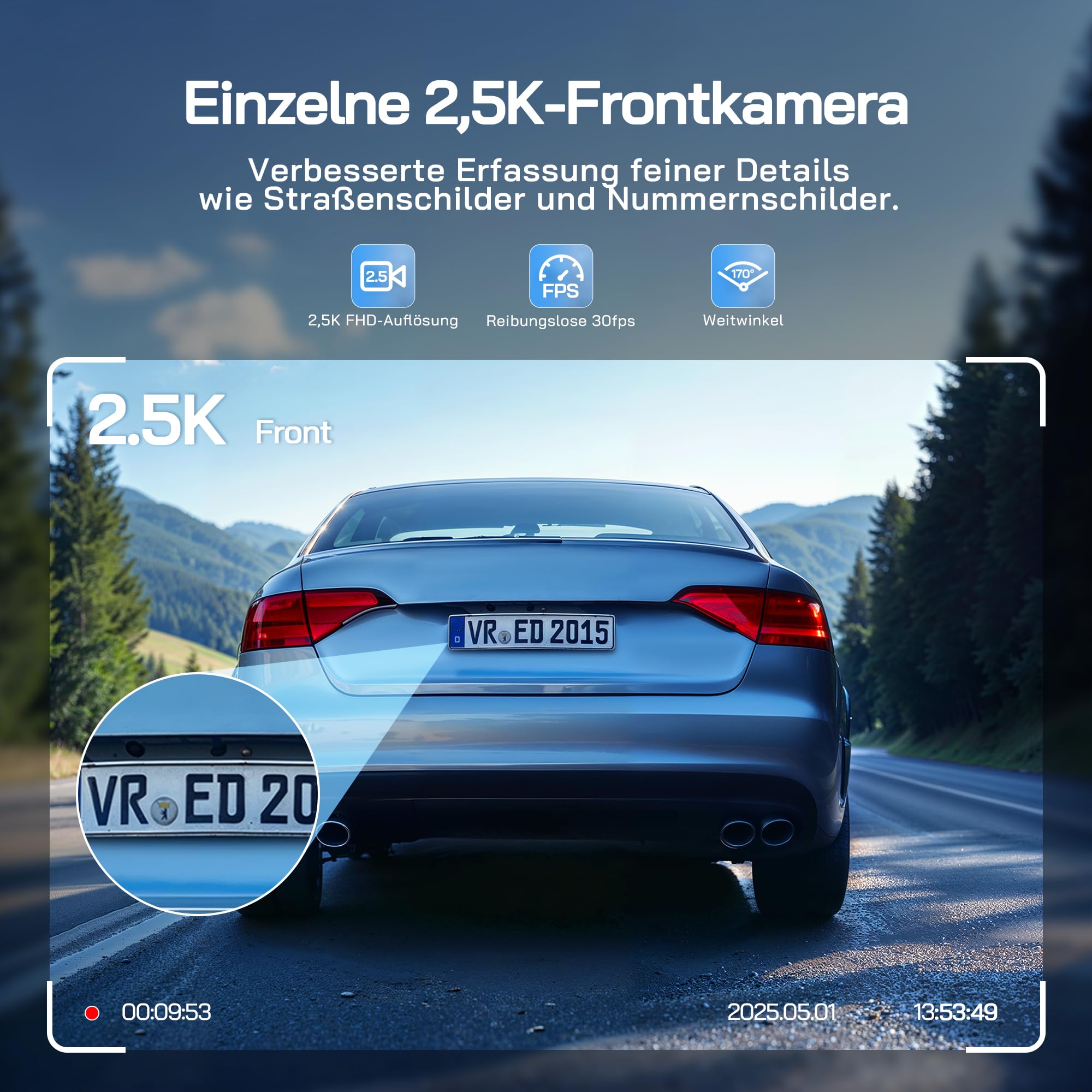WOLFANG Dashcam, Mini 2.5K+1440P Wi-Fi Dash Cam, Ultra-Nachtsicht, 2" IPS-Versteckte Dash Cam Auto, Dual-Auto-Kamera mit 170°-Weitwinkel, WDR, 24 Std. Parkmodus, G-Sensor, Loop-Aufnahme