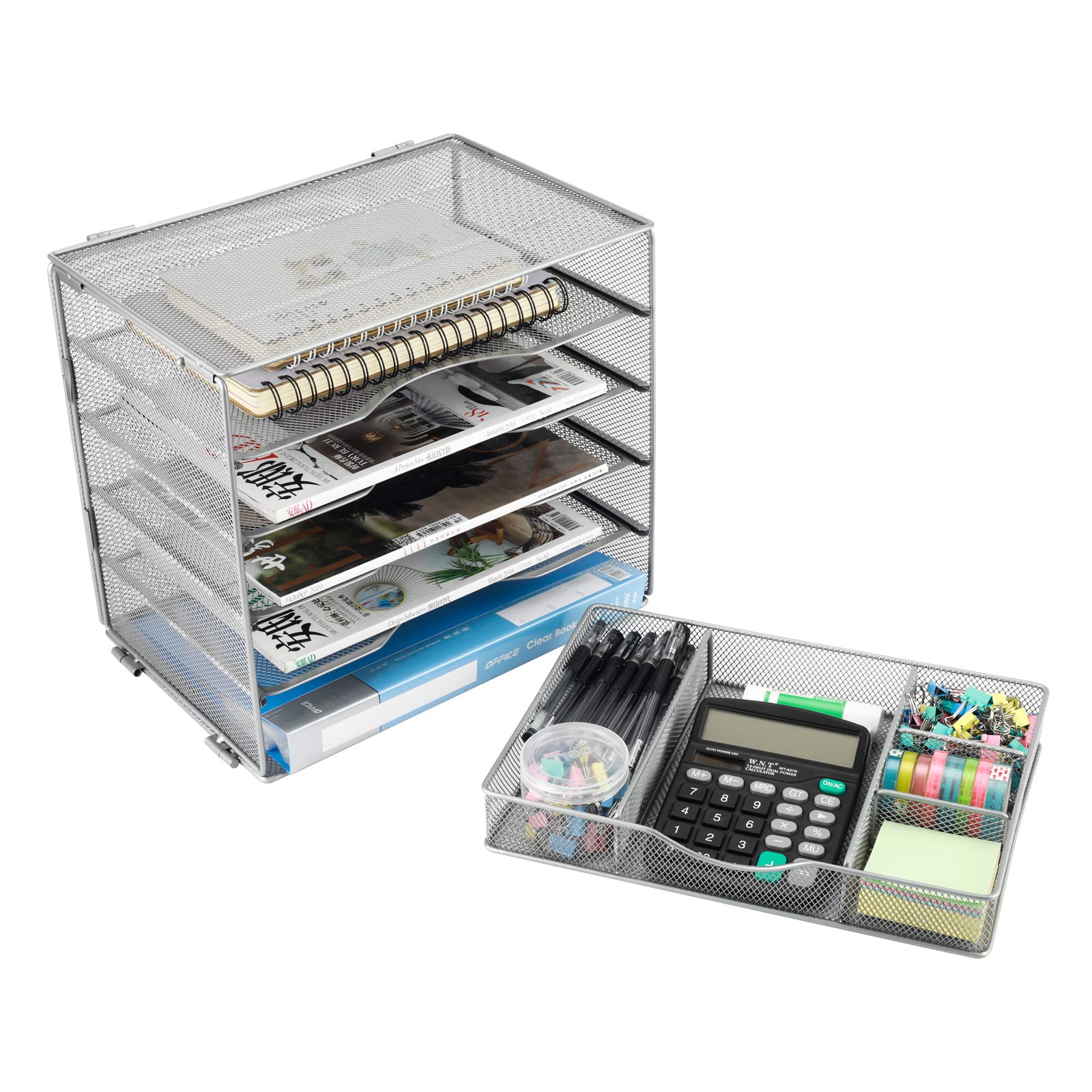EasyPAG Portadocumenti da Scrivania A4 5 Compartimenti Metallo Rete,Vassoio Lettere,Ripiano Portacorrispondenza,Organizzatore Carta con Cassetto per Ufficio & Casa,Argento