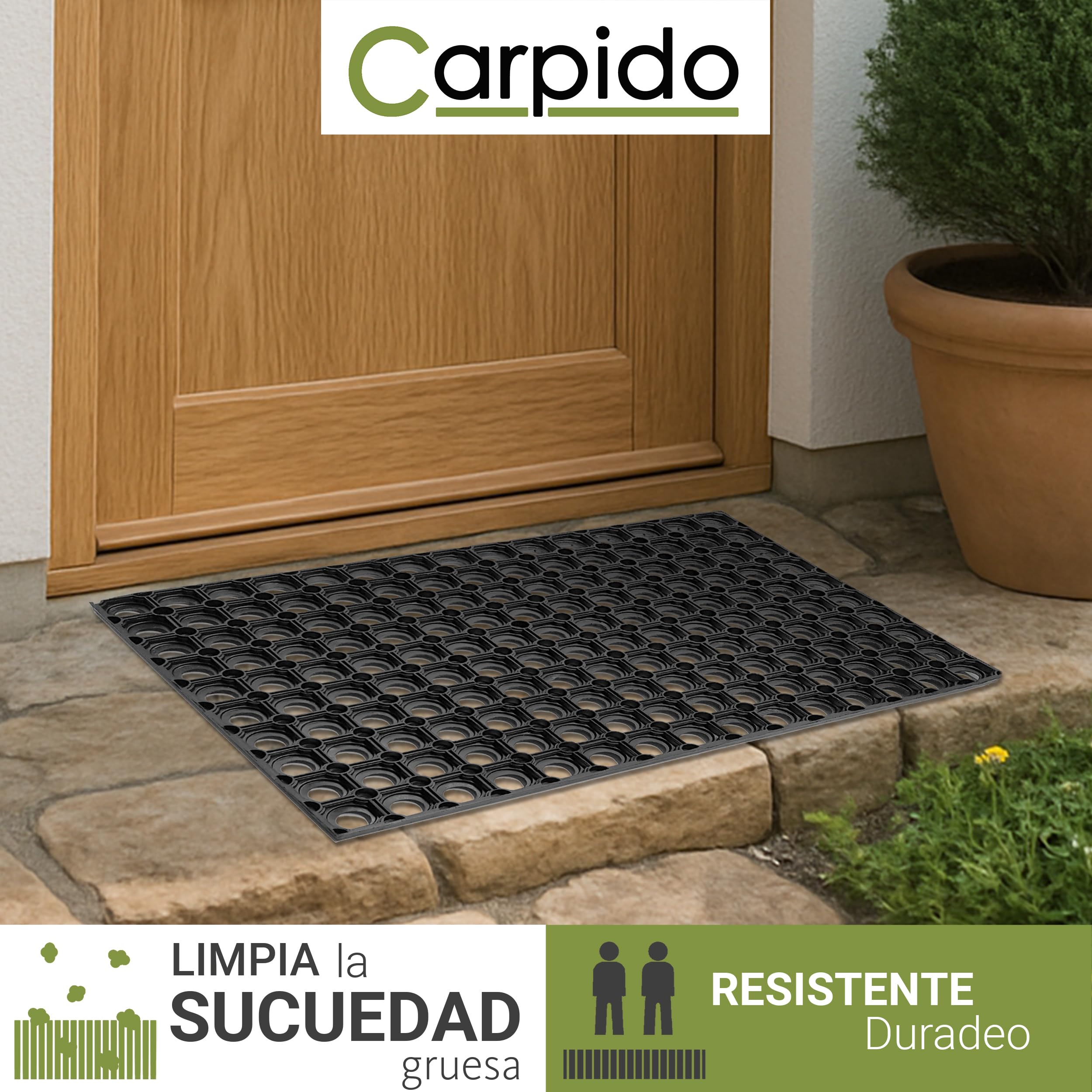 Carpido Felpudo de goma negro, antideslizante, para puerta, 80 x 120 cm, juego de 2 unidades, resistente, para exteriores, atrapa la suciedad