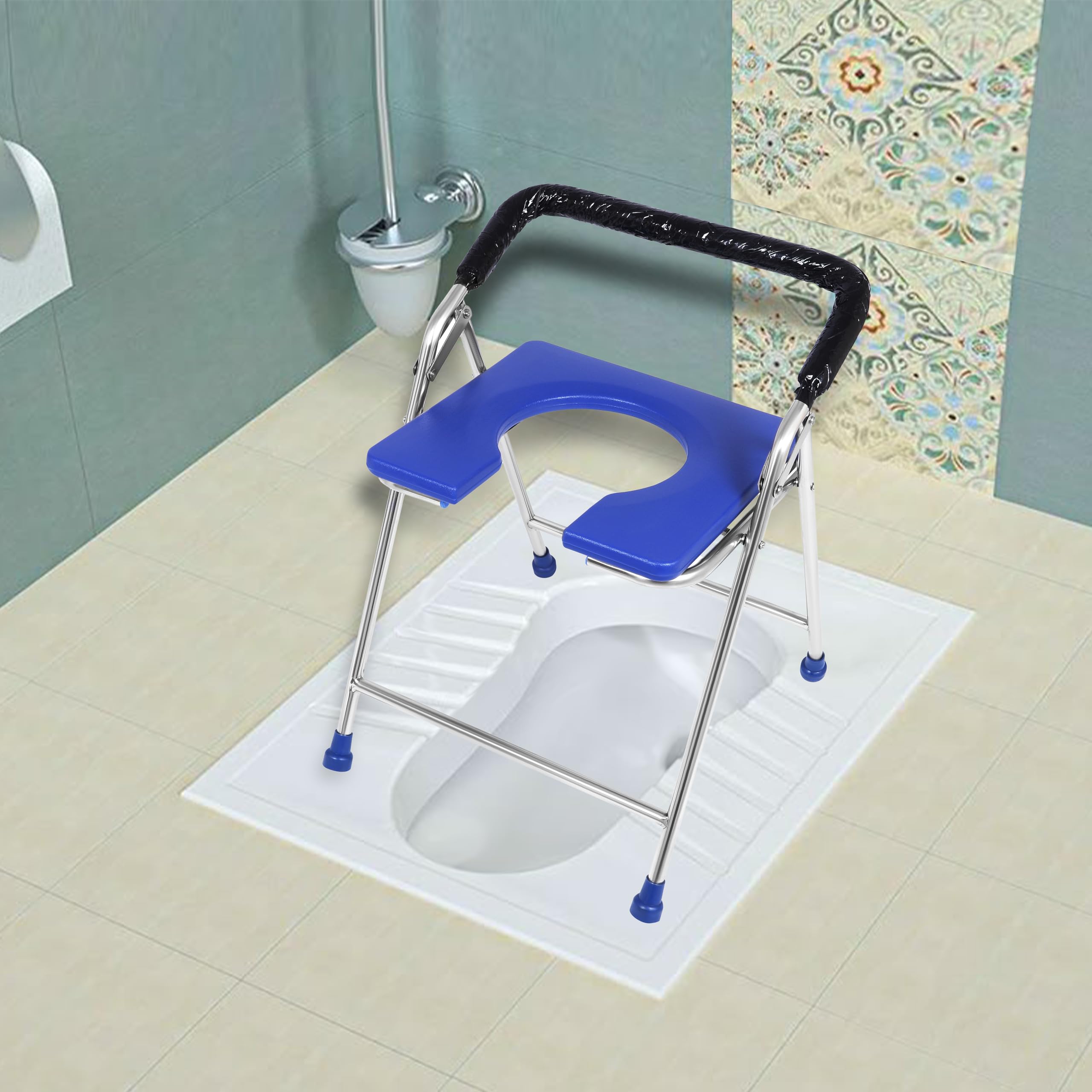 Stainless Steel Folding Shower Chair, Toilet Chair, Commod Chair, for Indian Toilet for Elderly Disabled Man, Women and Pregant Women with Anti-Slip Rubber Bush(Blue)(100Kg Weight Capacity)-image-36
