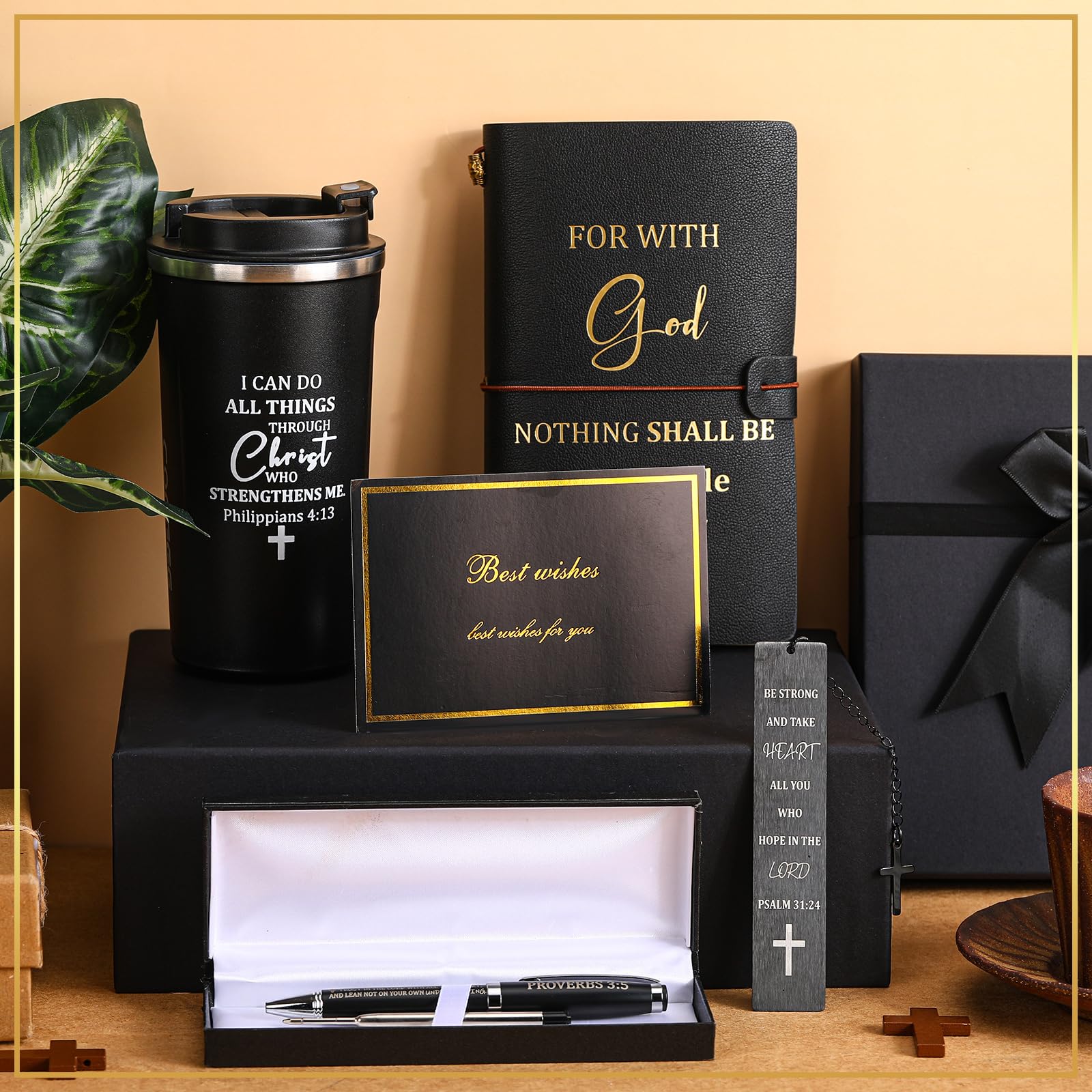 6 Pcs Father's Day Christian Gift Set for Men Inspirational Religious Faith Gift with 17oz Tumbler Notebook Bookmark Pen and Greeting Card for Father Dad Husband Grandpa Friends(Black)