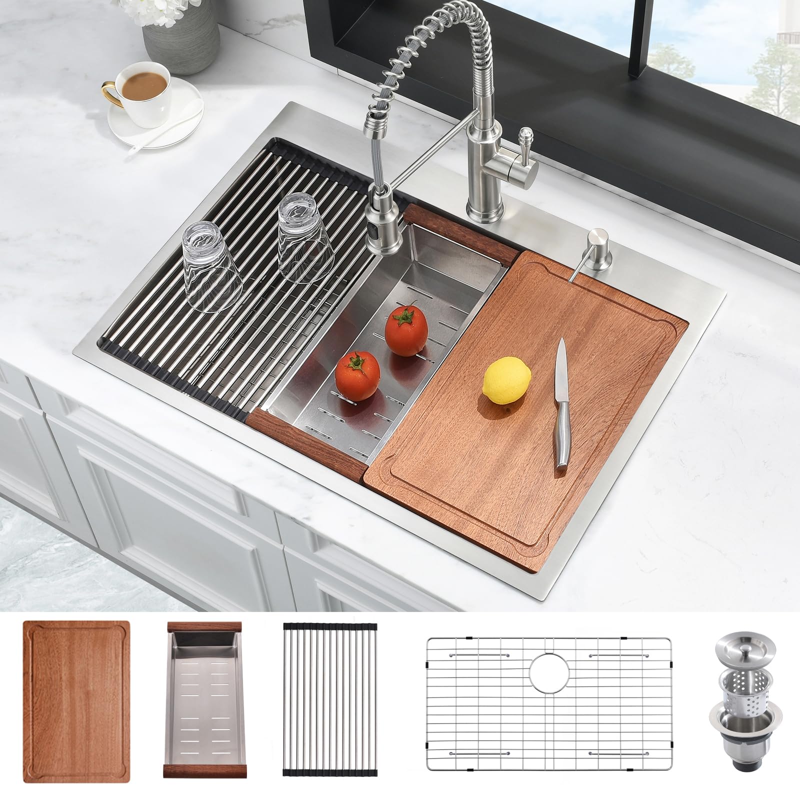33 Inch Drop In Kitchen Sink Workstation With Accessories -HACHENL 33x22 Inch Topmount Single Bowl 16 Gauge Stainless Steel Kitchen Sink Drop In With Cutting Board