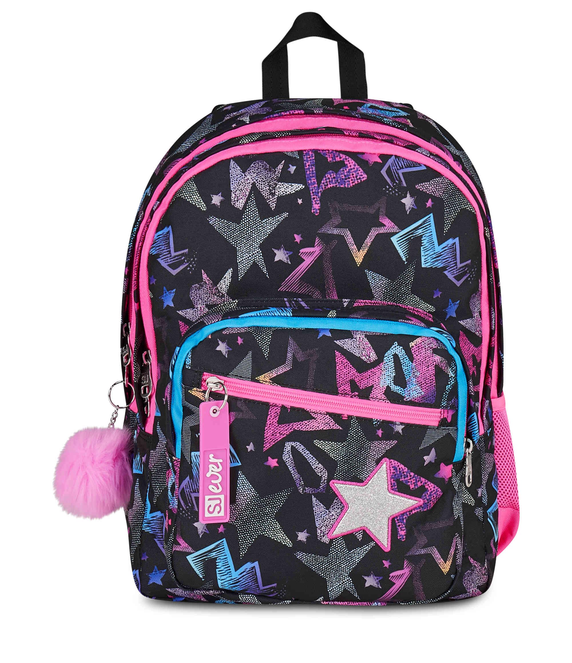 SJ GANG STYLE JAM GANG Zaino Scuola Doppio Scomparto, Sj Ever Star Drafts, Nero, 31 L, Con Tasca Porta Borraccia e Charm Staccabile, Elementari, Bambina