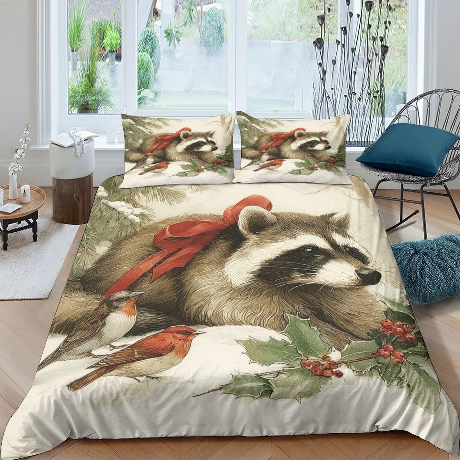 Ctjqhvkz Style-10 3D Printed Raccoon Forest Fitted Sheet Microfiber Soft Woodland Bird Mattress Cover For Bedroom Dorm Decor Single（135X200cm）