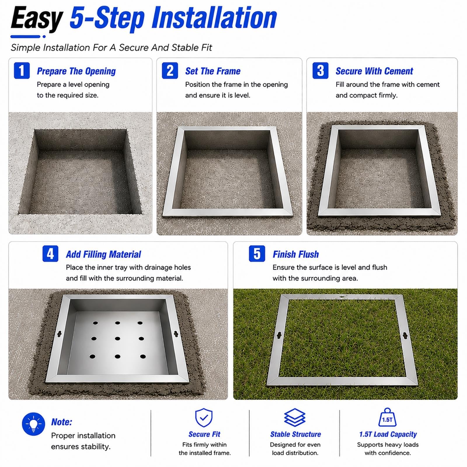 Copertura Pozzetto Coperchio E Telaio Per Pozzetto A Incasso In Acciaio | Coperchio per pozzetto di raccolta acque reflue a filo per vialetto/marciapiede/patio, elevata capacità di carico
