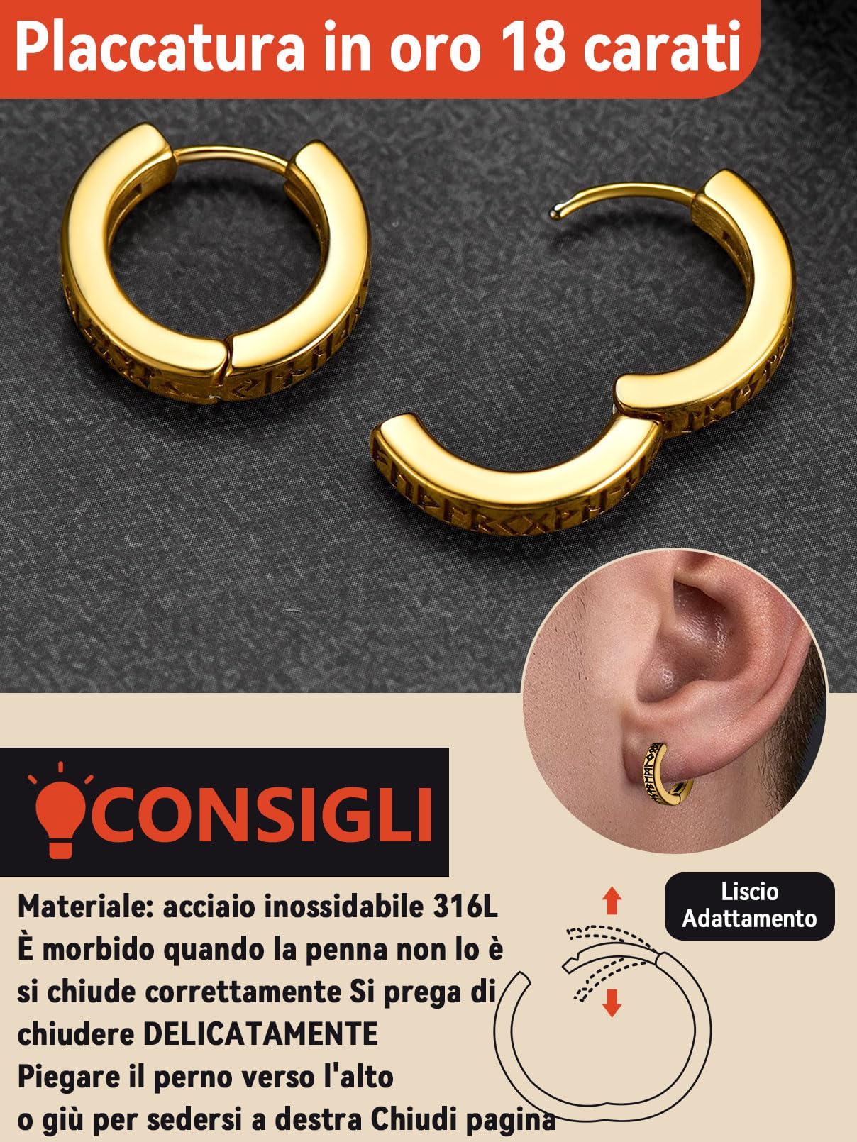 FaithHeart Uomo Donna Orecchini Cerchio di Rune Vichinghe Rune Celtiche Orecchini Cerchio Argento 925 / Acciaio Inox Antiallergico con Onice Gioielli Amuleto Nordico