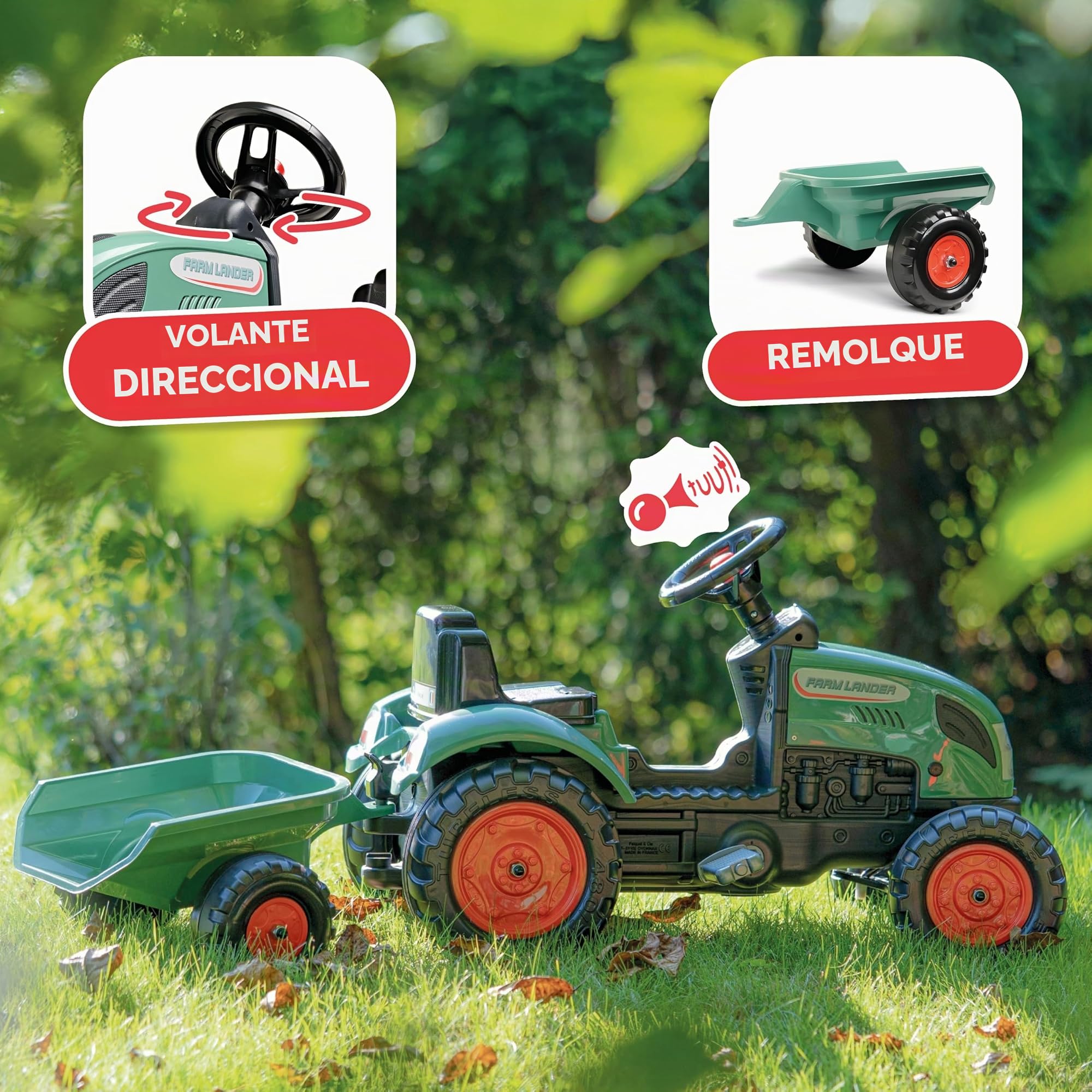 Falk Farm Lander Tractor de Pedales con Remolque, a Partir de 2 años, 50% de plástico Reciclado – Fabricado en Francia – Volante con bocina – 2054L, Verde Oscuro