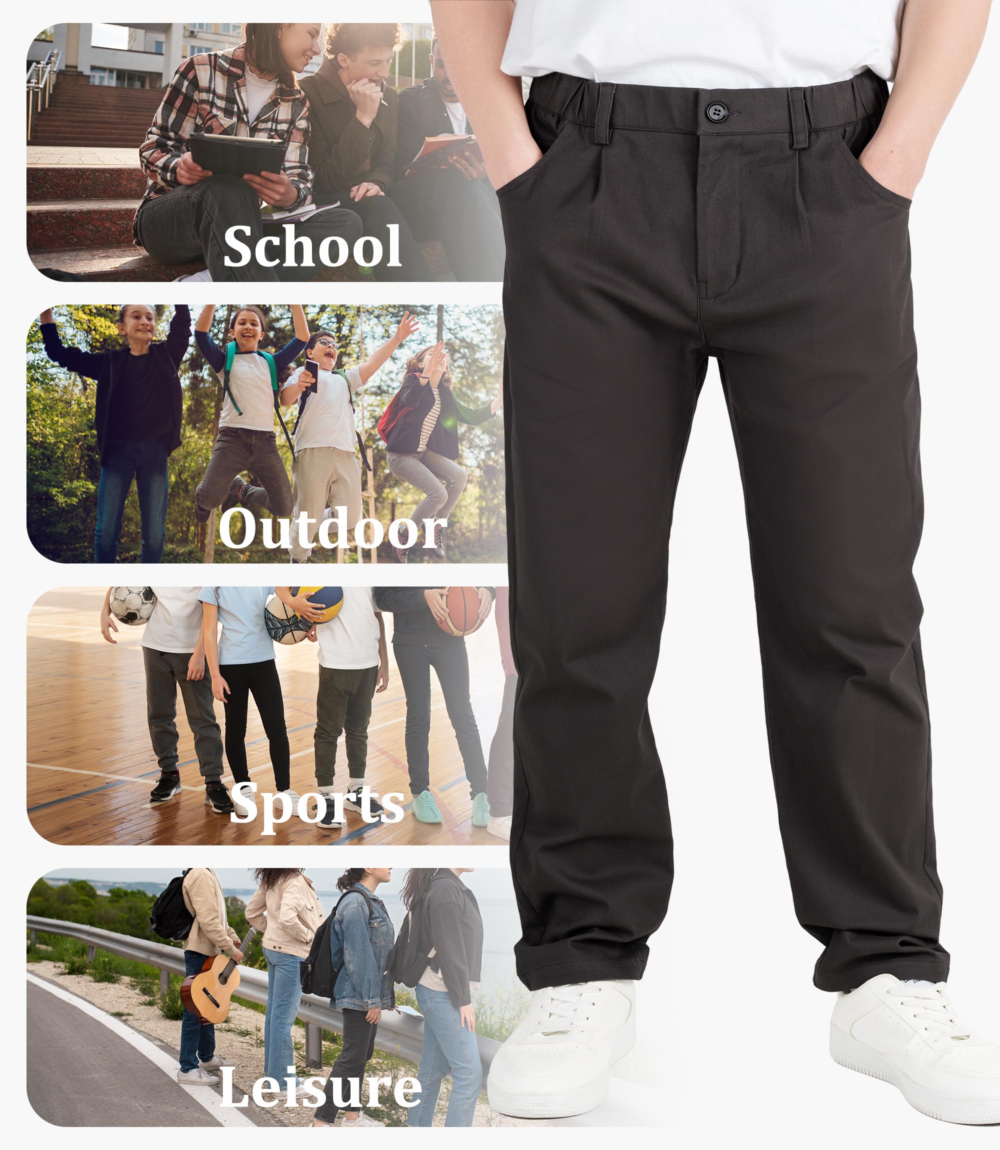 CAMLAKEE Pantalones de pierna recta para niños, pantalones chinos escolares con cremallera