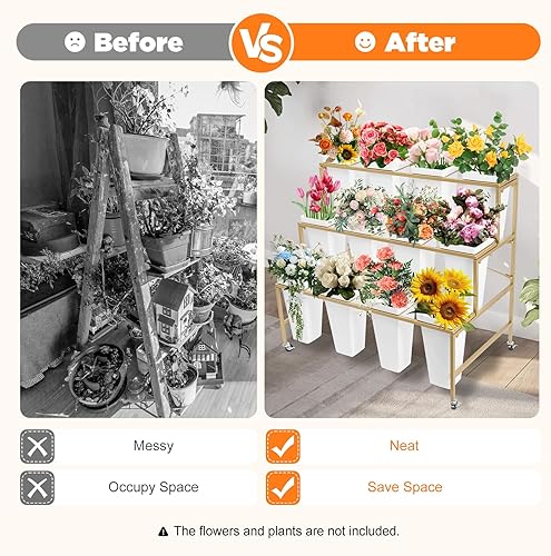 Miniatura 9 de Soporte de exhibición de flores de 3 niveles con 12 cubos, soporte de metal para plantas con ruedas, estante de exhibición de flores móviles de alta