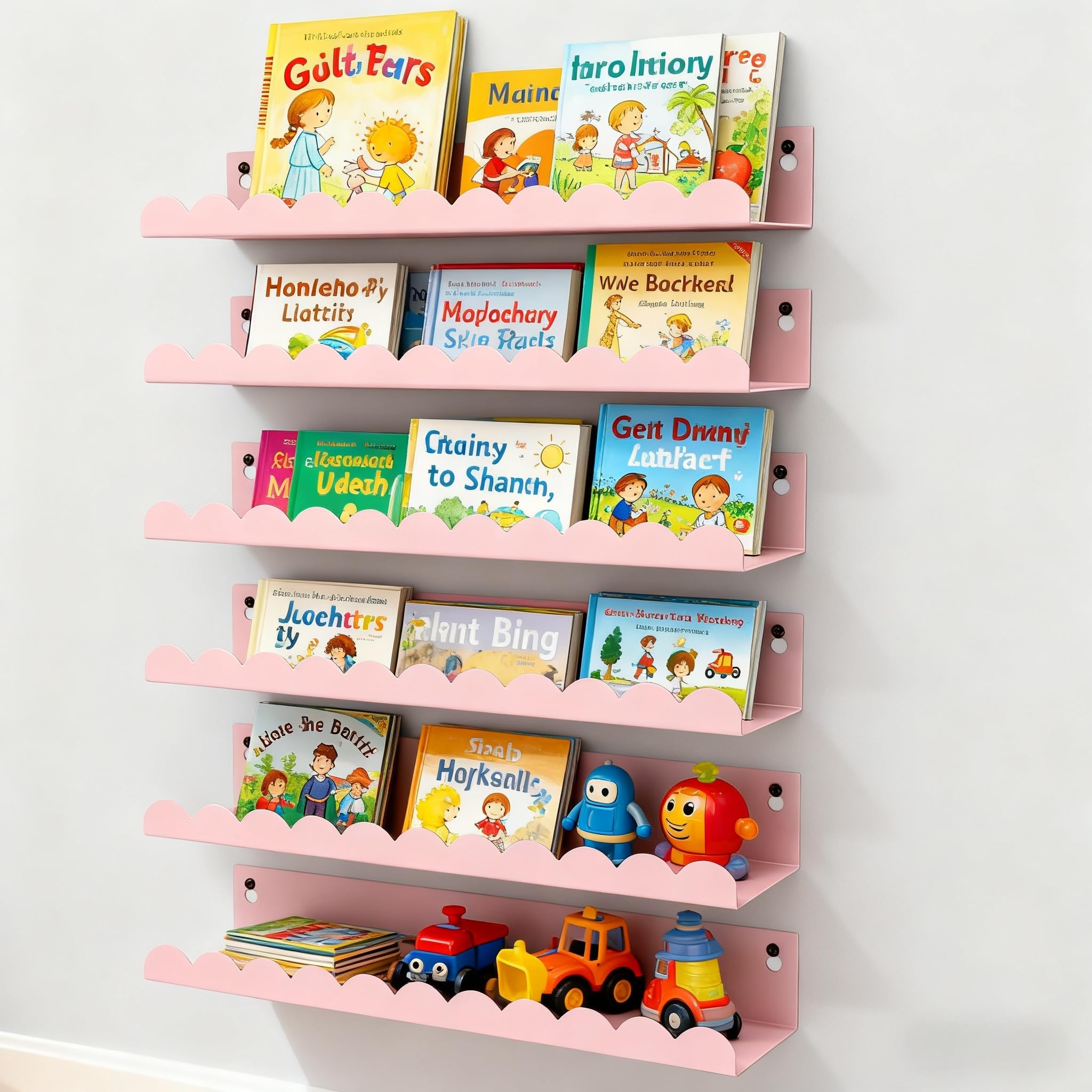 FESTLOVE Nursery Book Shelves Set of 6, Pink Metal Floating Shelves for Wall, 16 Inch Scalloped Book Shelf for Kids Room, Bathroom, Bedroom, Playroom