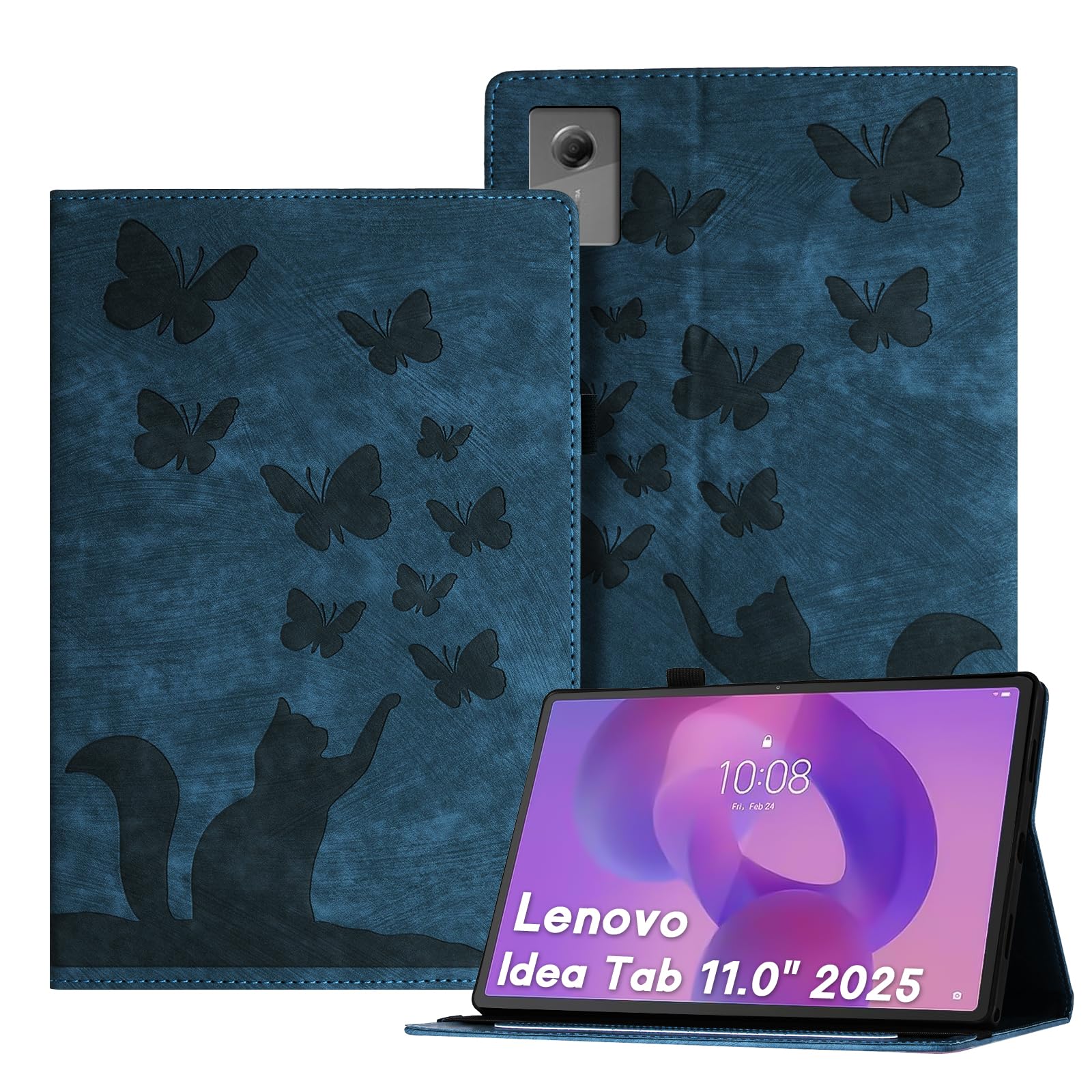 Auslbin Hülle für Lenovo Idea Tab 11 Zoll Tablet 2025 TB-336ZU TB-336FU, Retro PU Leder mit Standfunktion und Stifthalter Tablet Geprägte Schutzhülle Schmetterlings und Katzen Themen Cover Case Blau