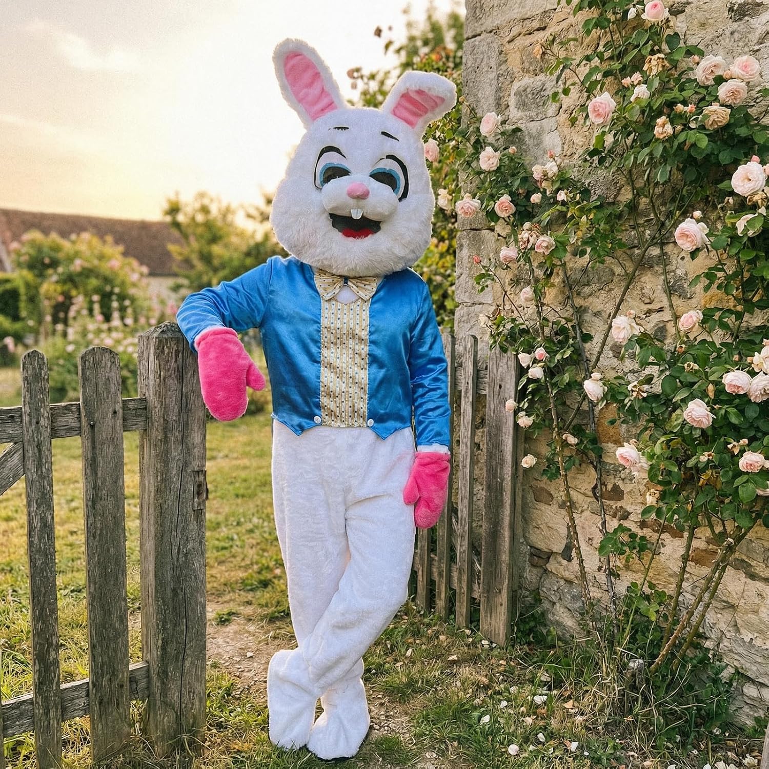 Easter Bunny Costume Adult Mascot Rabbit Suit with Head, Deluxe White Jumpsuit for Easter Events (One Size)