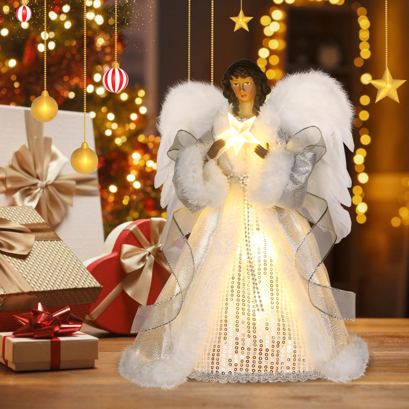 Schwarzer Engel Weihnachtsbaumspitze mit Timer-Lichtern, 31 cm, beleuchtete Weihnachtsbaumspitze mit weißen Federflügeln und Sternenlicht, Weihnachtsbaum-Engelspitze, Urlaubsdekoration