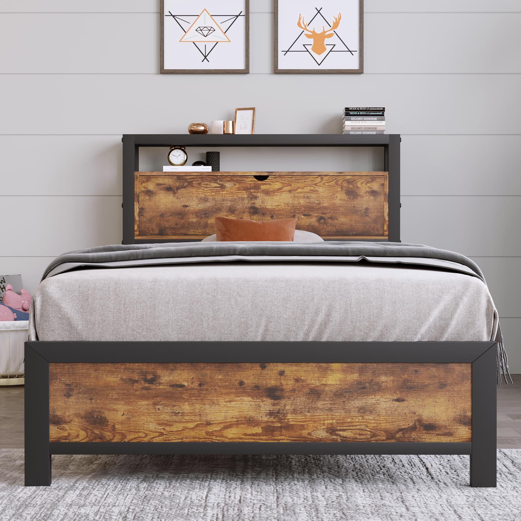 Gecheer Letto Singolo in Metallo con Testiera Contenitore, Letto per Ragazzi 90 x 200 cm in Metallo e MDF, Stile Industriale Nero for Camera da Letto Bambini e Adolescenti