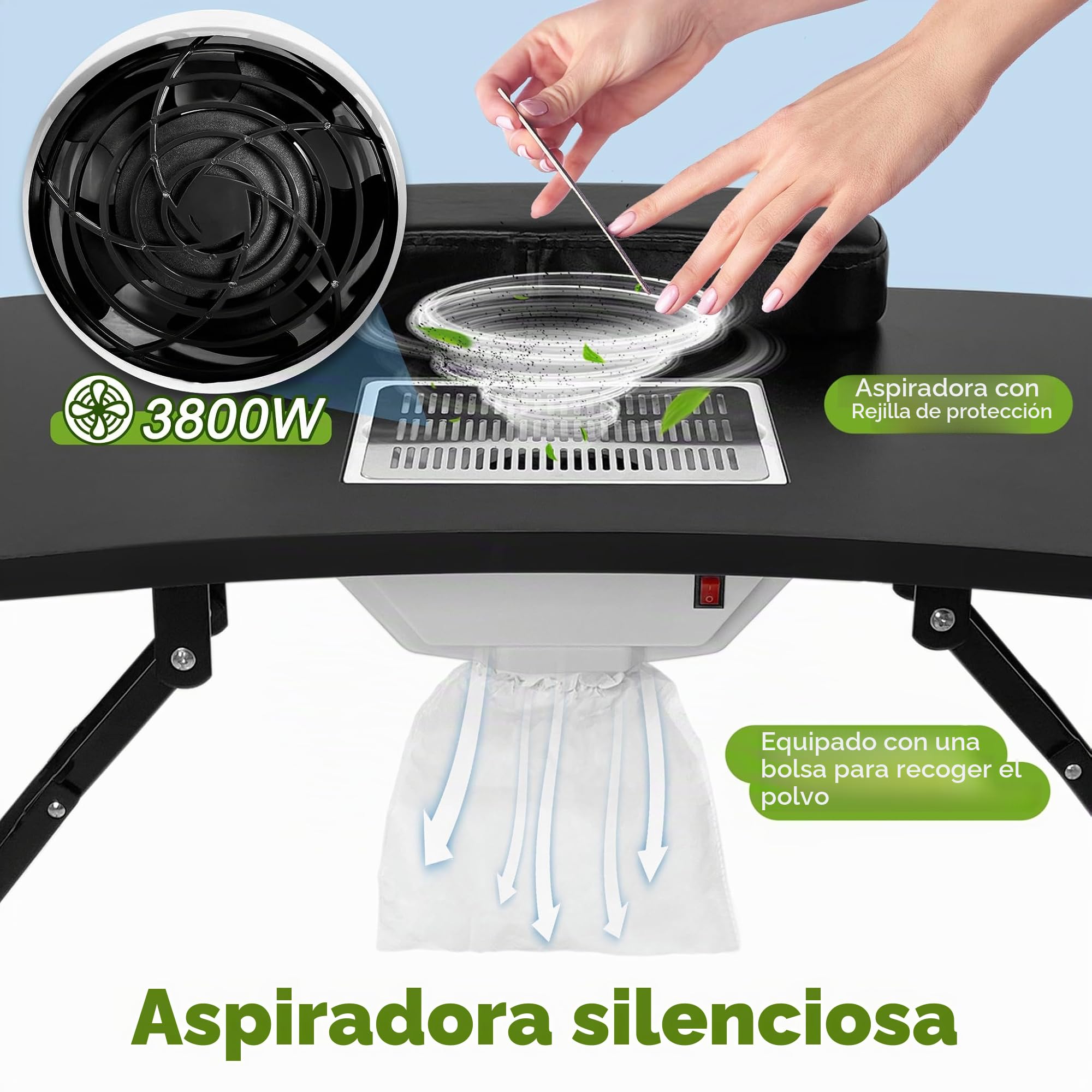 UISEBRT Mesa de manicura plegable con aspiración Mesa de uñas portátil Mesa de manicura portátil con ruedas Mesa de manicura móvil, color negro