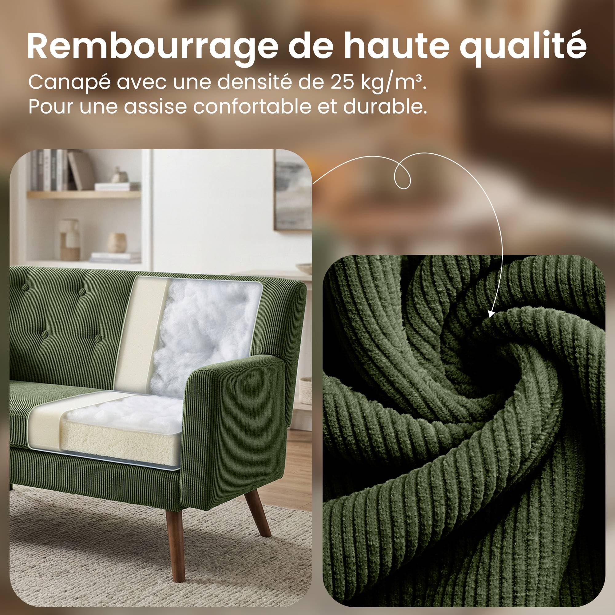 CLP Canape 2 Places Kioni en Velours cotele, canape Confortable pour Salon, Rembourrage Epais, Charge Max 240 kg, Pieds en Bois d hevea, Couleur:Vert