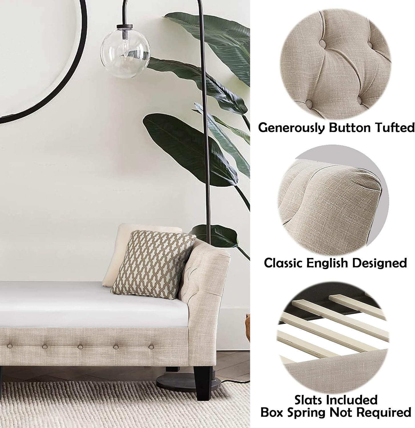 Rosevera Jamie Modern Upholstered Frame Button Tufted Fine Polyester Easy aseemble with Wooden Legs Twin Size Daybed Sleeper Couch for Living Room Bedroom, Standard, Warm Beige