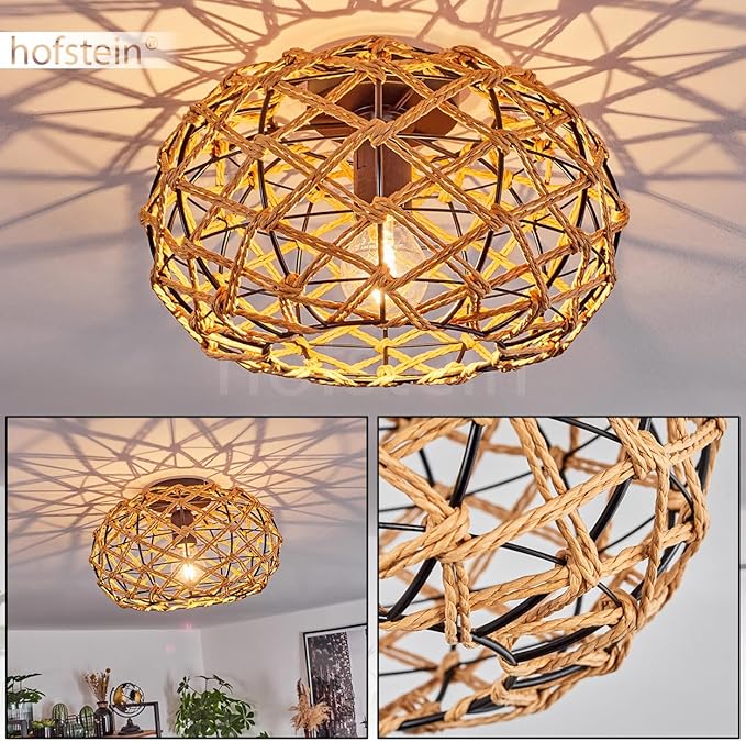 hofstein Plafondlamp Mulstrand, moderne plafondlamp van hout/rotan/metaal in natuur/zwart, plafondlamp in boho-design met geweldig lichteffect aan het plafond, Ø 30 cm, 1 lichtpunt, 1 x E27, zonder lamp photo 2