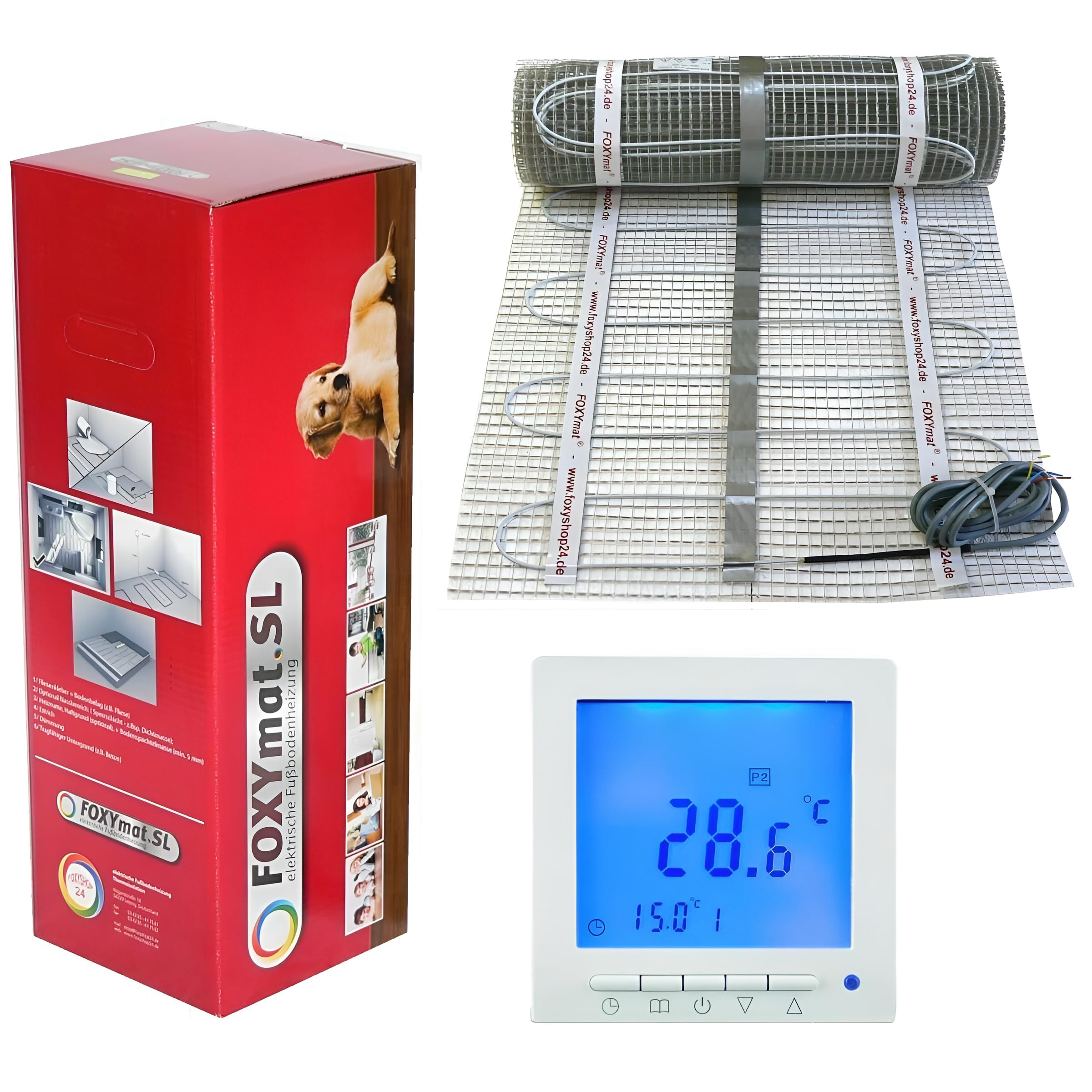 FOXYMAT.SL elektrische Fußbodenheizung, 1.5 m² (0.5m x 3m) | 160 Watt pro m², mit Thermostat QM-BLUE