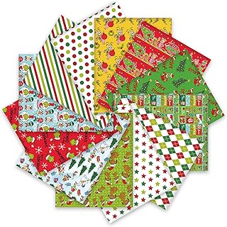 Whaline 12Pcs Christmas Fabric Fat Quarters Cartoon DIY Craft Decorative Fabric Bundles 12 Different Quilting Patchwork Square Fabric for DIY Xmas Handmade Gift Patchwork Sewing Crafting, 18" x 12"