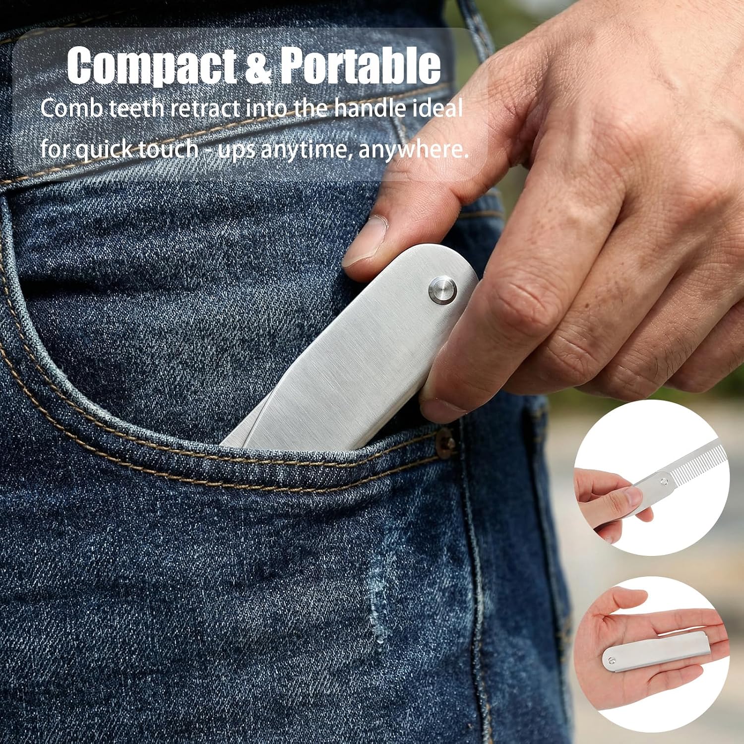 Small Folding Mustache Comb Stainless Steel Men Mini Knife Combs Pocket Comb Metal Grooming Tool Fits In Keychain Anti-Static Travel EDC Accessories for Hair Styling Moustache Care
