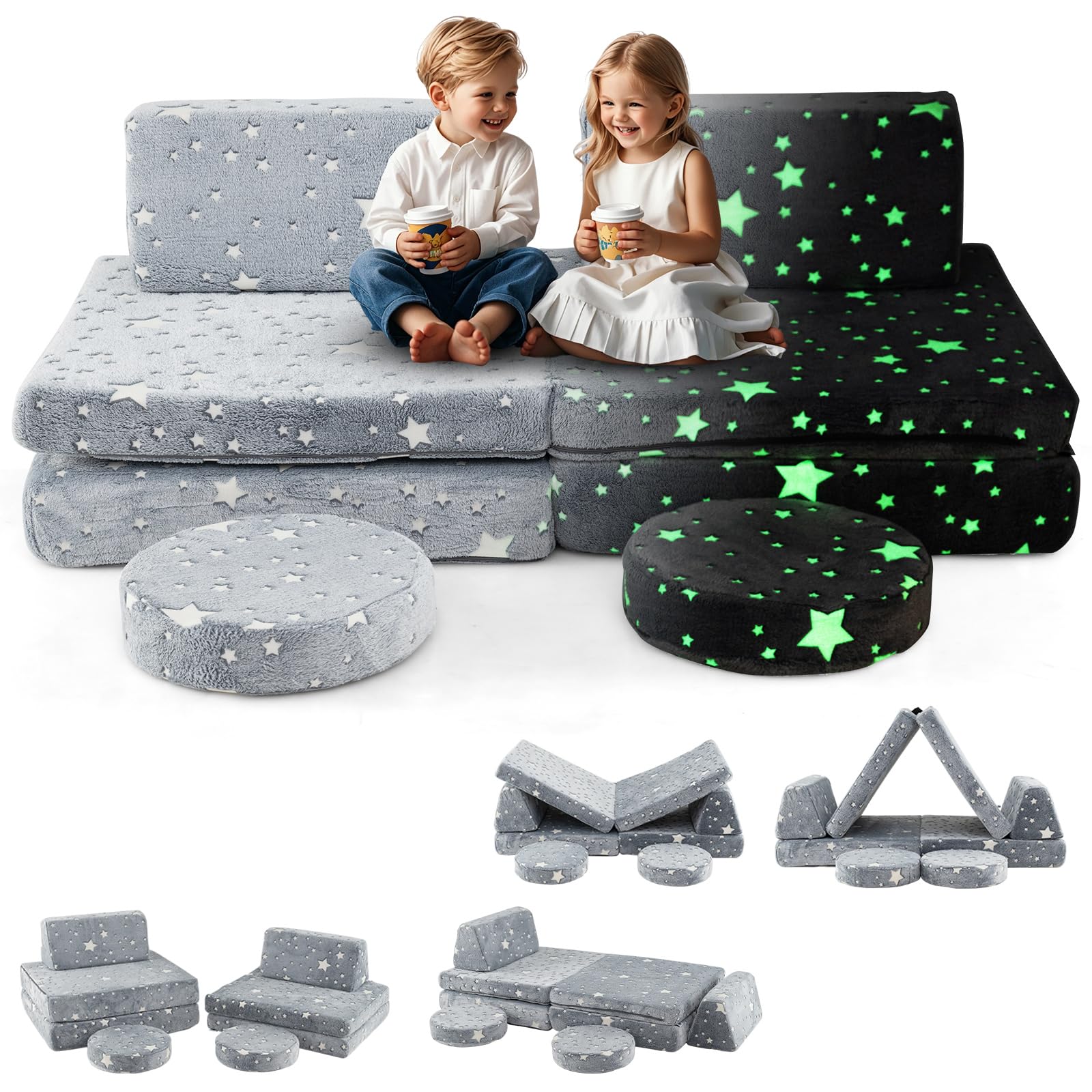 INFANS Modular Kids Play Couch, 6 PCS Toddler Creative Sectional Fort Building Sofa for Playroom, Bedroom, Children Convertible Soft Foam Furniture Playset Floor Cushion Boys Girls (Grey-Fluorescent)