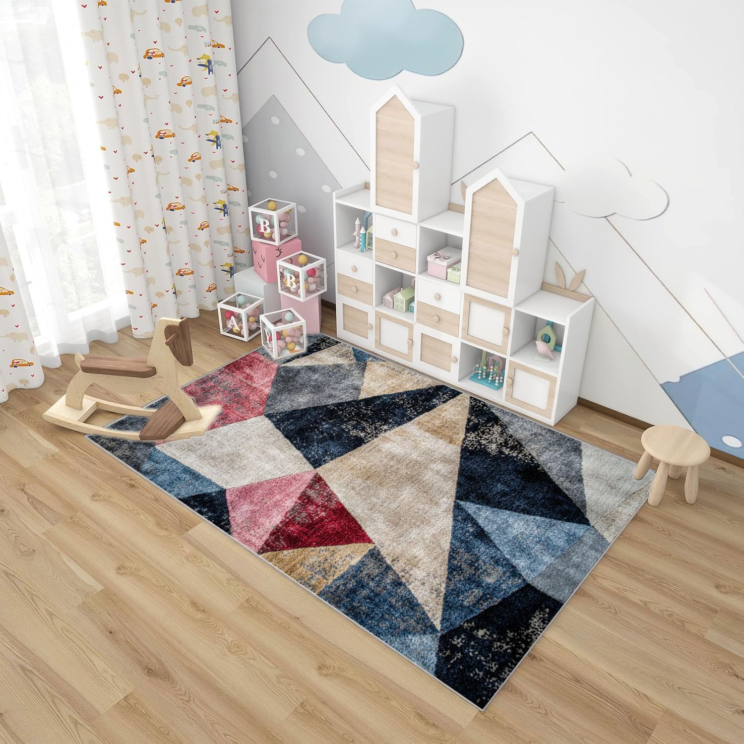 Kurzflor Teppiche Abstrakter Patchwork-Druck Teppich Wohnzimmer, Teppich Schlafzimmer, Teppiche, Deko Home.(blau)-180x240cm