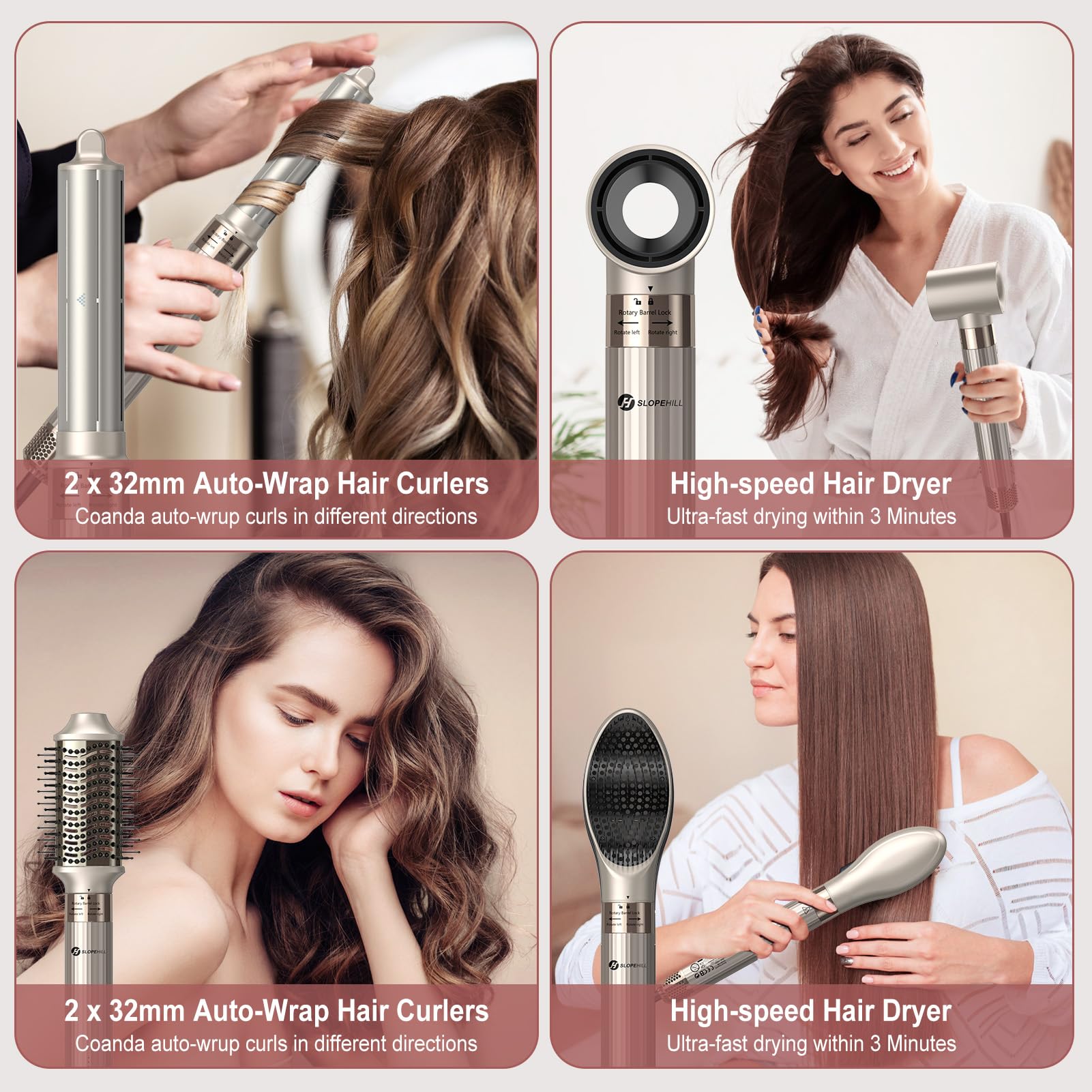 slopehill Airstyler 5 IN 1, 110,000 RPM High-Speed Ionic Haartrockner für Schnelltrocknend, Multi-Haarstyler mit Automatischer Luft-Lockenstab, Haarglätter Bürste ＆ Volumenbürste (Champagner Gold)