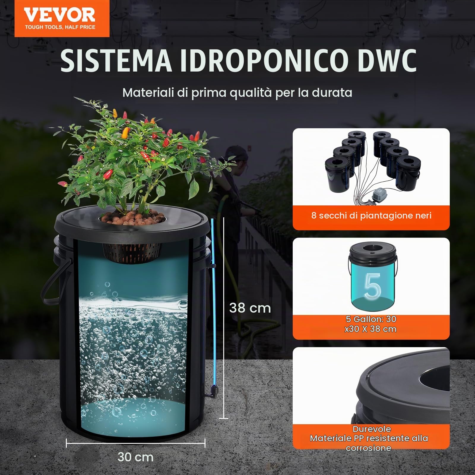 VEVOR Sistema di Coltivazione Idroponica DWC, Kit di Coltivazione in Acque Profonde 20 Litri Pompa ad Aria, Pietre porose, Dispositivo di Livello dell'Acqua, Sistema Idroponico Verdure a Foglia